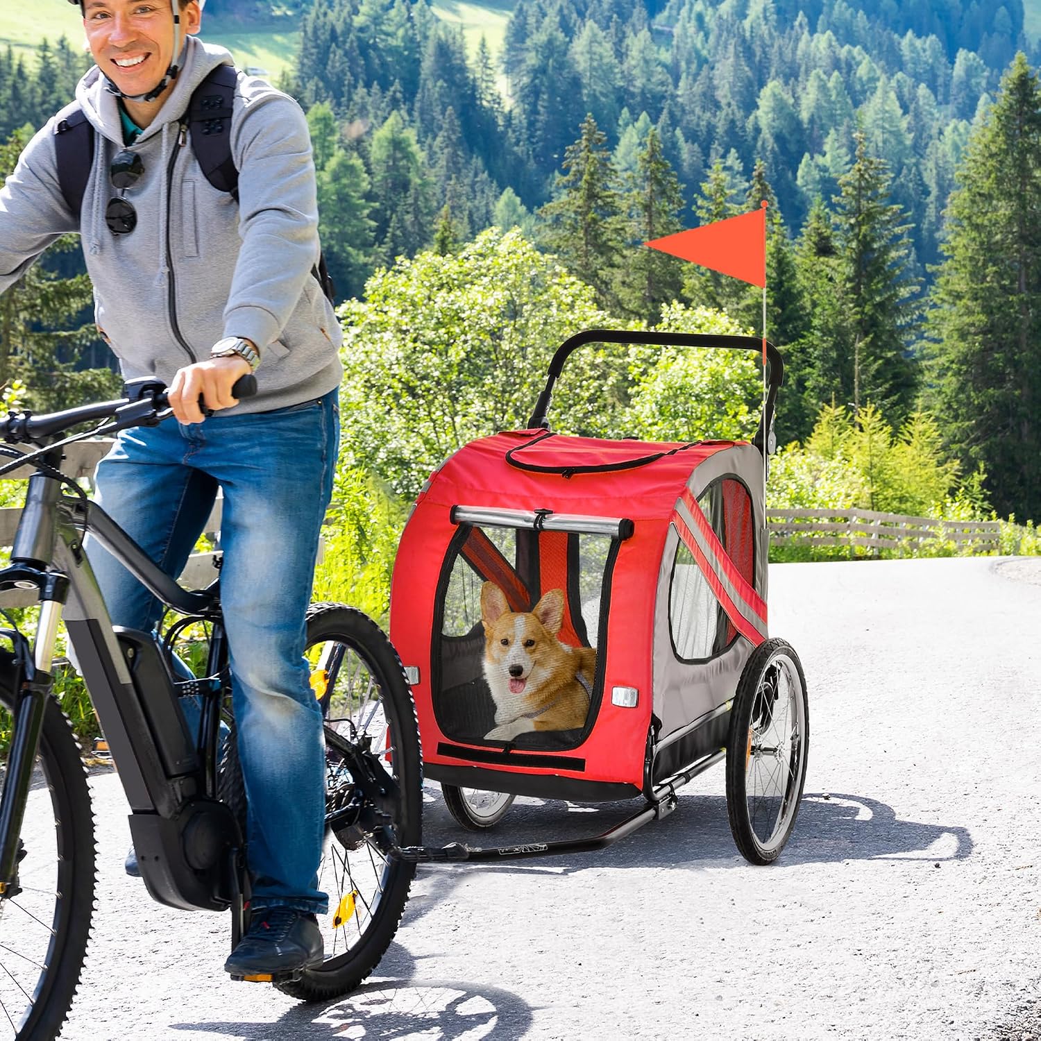 Man cycling with a dog in the bike trailer