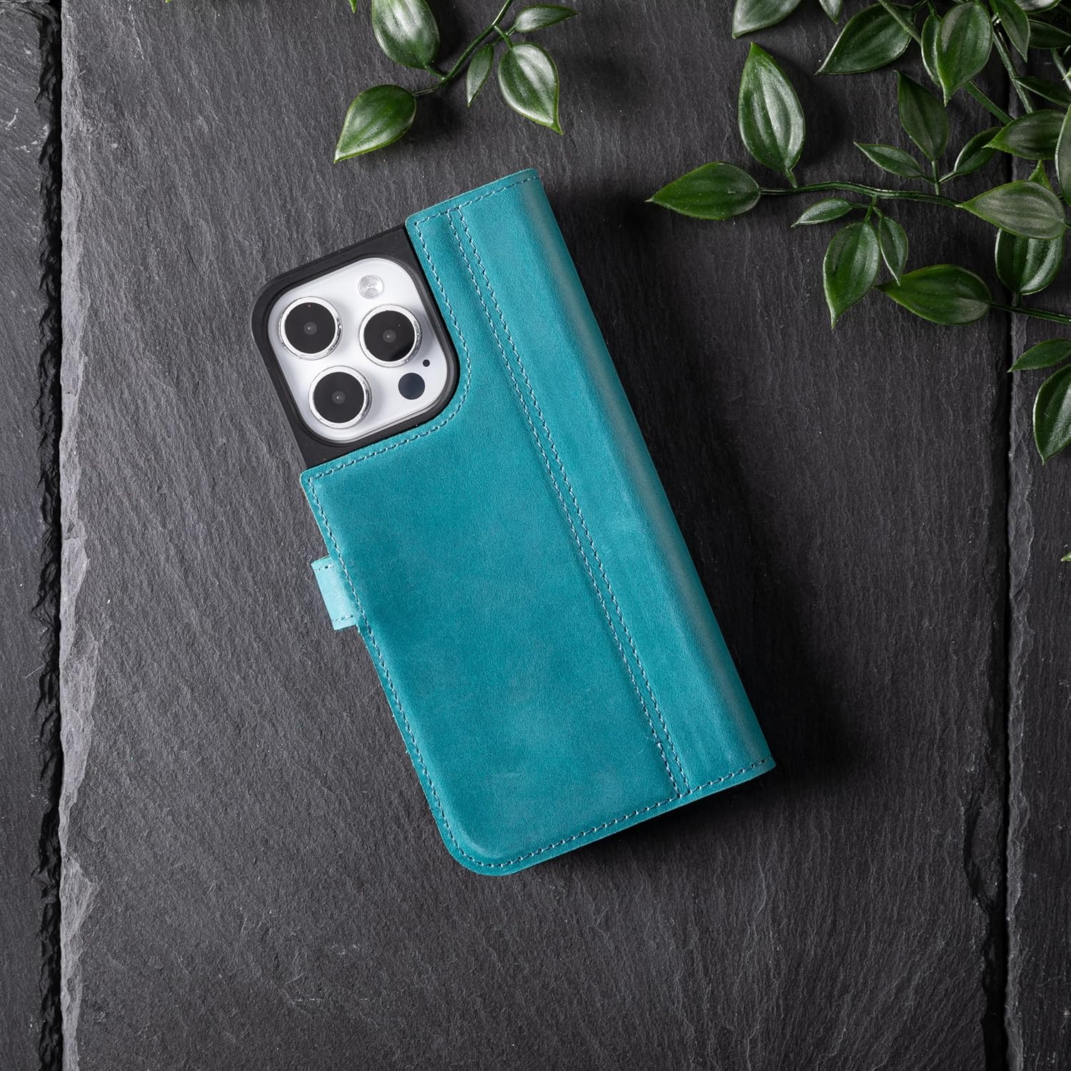 Snakehive Leather Wallet for iPhone 15 Pro Max - Real Leather Wallet Phone Case - Genuine Leather with Viewing Stand and 3 Card Holder - Flip Folio Cover with Card Slot (Teal)