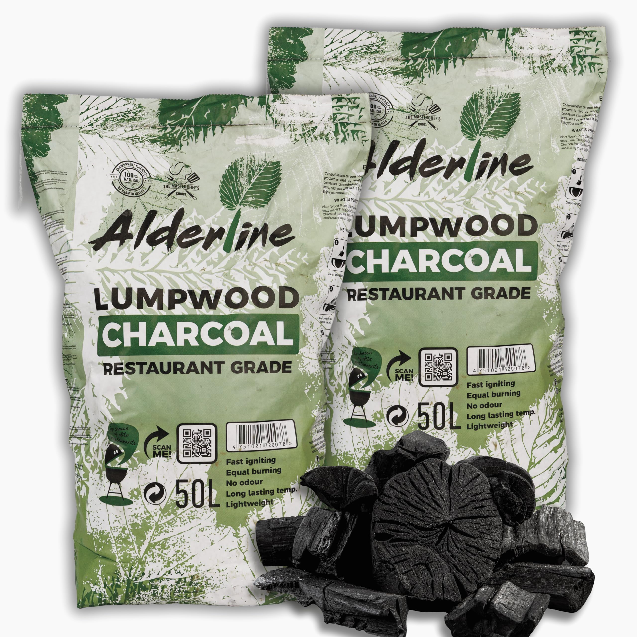 Alderline Lumpwood Charcoal BBQ - Smokeless & Flavor-Enhancing, Quick-Light, Sustainable, Grills & Cooking Styles - 5-20cm Pieces 50L Bag - Restaurant Grade Charcoal (100L)