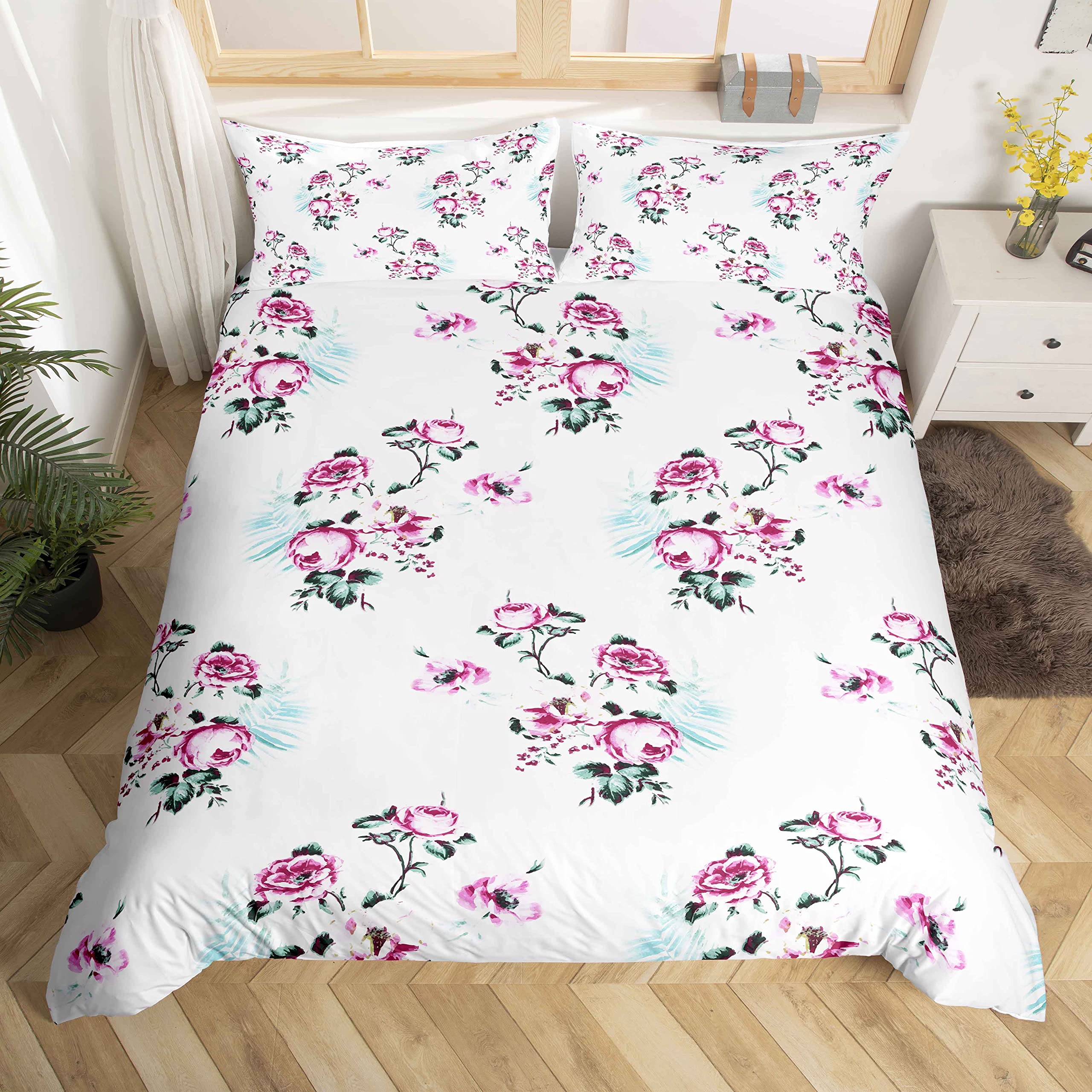 Loussiesd Blossom Floral Bedding Set Red Flowers Print Duvet Cover Set 2 Pieces Botanical Comforter Cover Set 1 Pillowcases Soft Lightweight (Single,Beige) — image 1