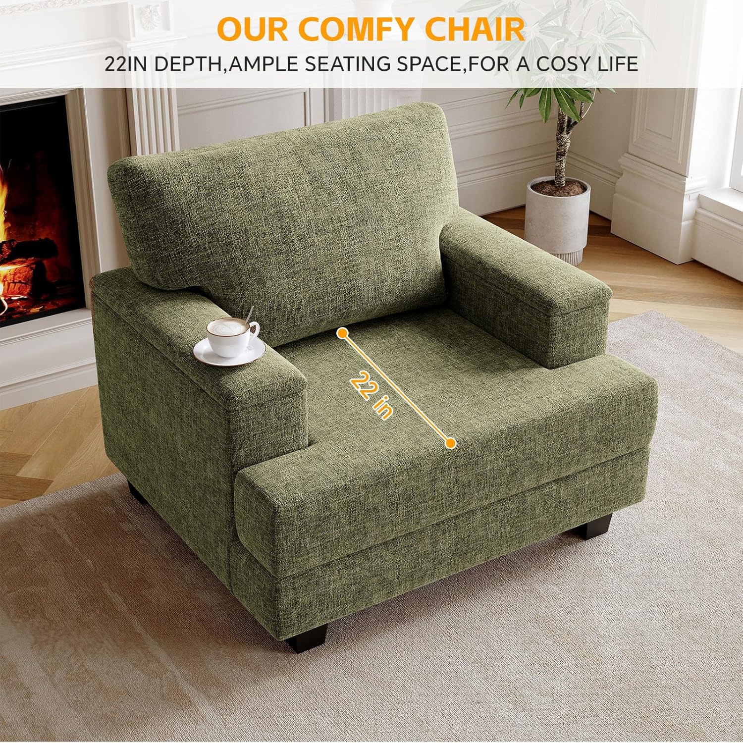 Oversized Accent Chair with Storage Armrest,Comfy Living Room Chairs with 7.8'' Cushion,Upholstered Velvet Armchair,Reading Accent Chairs for Bedroom Living Room,Single Sofa Chair,Green