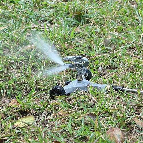 Miniatura 9 de STYDDI Rociador pulsante de metal en serie con base de ruedas de metal, rociador de agua circular ajustable para césped circular mediano a grande,