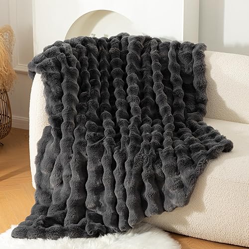 Miniatura 2 de BENVWE Manta de piel sintética, manta de forro polar con burbujas, suave, acogedora y gruesa, manta de felpa esponjosa para sofá, silla y cama, 51 x