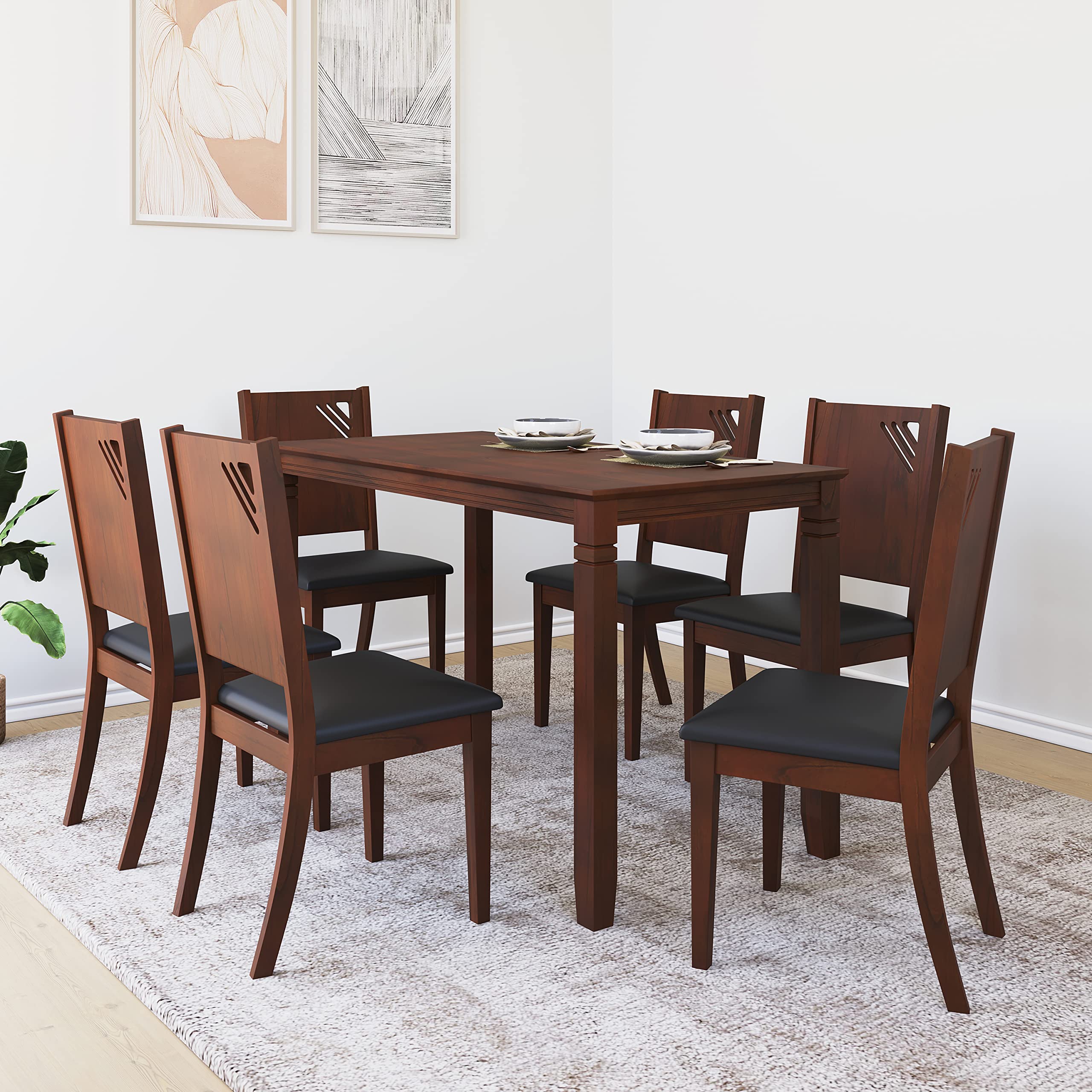 @home By Nilkamal Floret 6 Seater Solid Wood Dining Set with Chairs in Walnut Finish for Dining & Kitchen Room