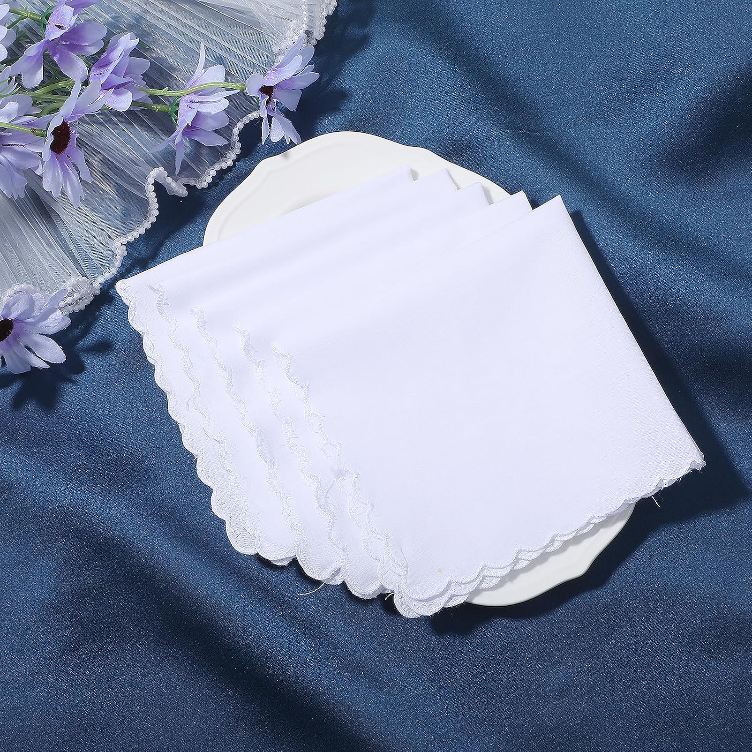 Dimeho 5 Pcs Handkerchiefs Cotton Scalloped Hankies for Men Women Pocket Square Towel White Suit Handkerchief