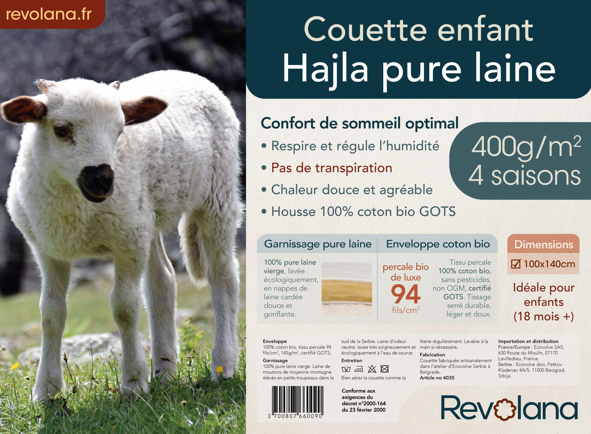 Couette Enfant 4-Saisons - Pure Laine - Coton Bio - 100% Naturelle - 400g/m²