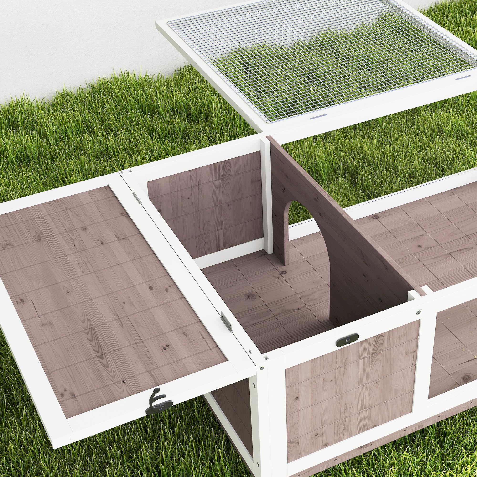 PawHut Casa per Tartarughe di Terra con Pannello Apribile e 2 Spazi Separati, Terrario Tartarughe di Terra in Legno di Abete e Acciaio Zincato, 91x60.5x32 cm, Marrone Chiaro