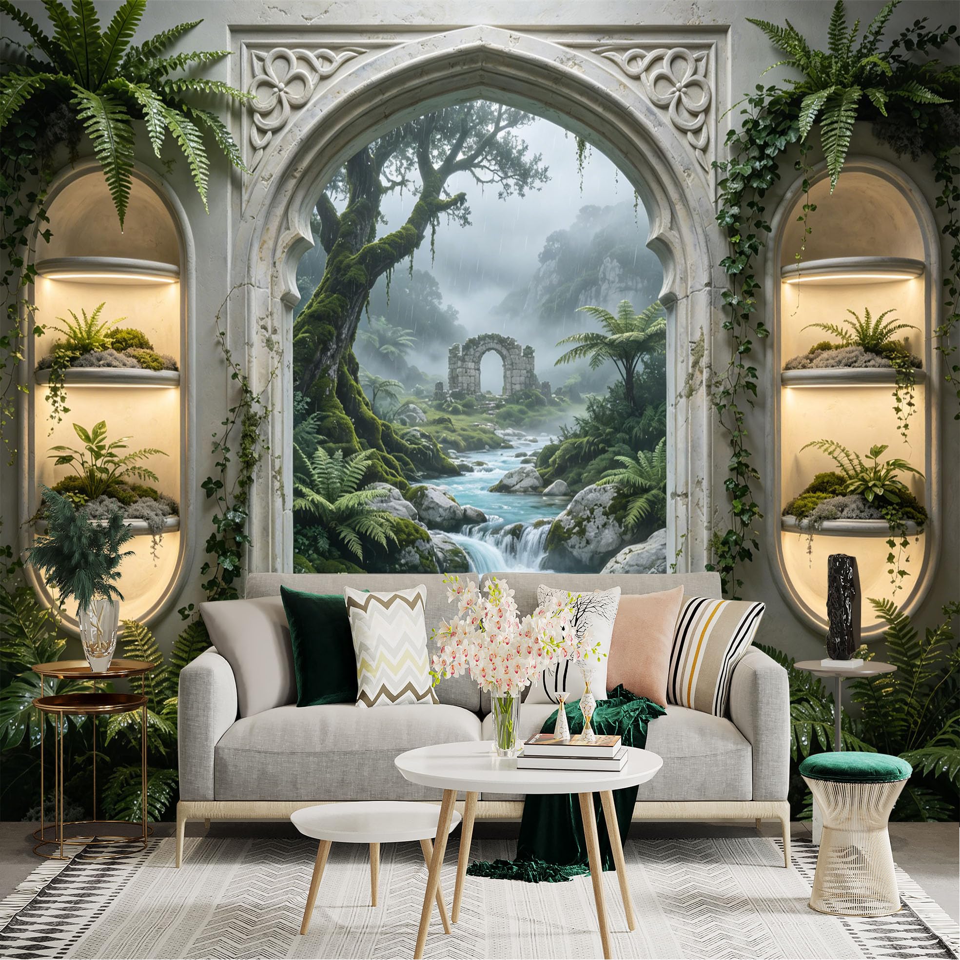 Lnzczhyre Dbh260521194 Custom Size Wall Sticker Mural， Enchanted Forest Landscape， Misty Ancient Stone Archway， Serene River Stream， Lush Botanical Foliage， For Wall Decoration， Peelandstick Wall Decals.