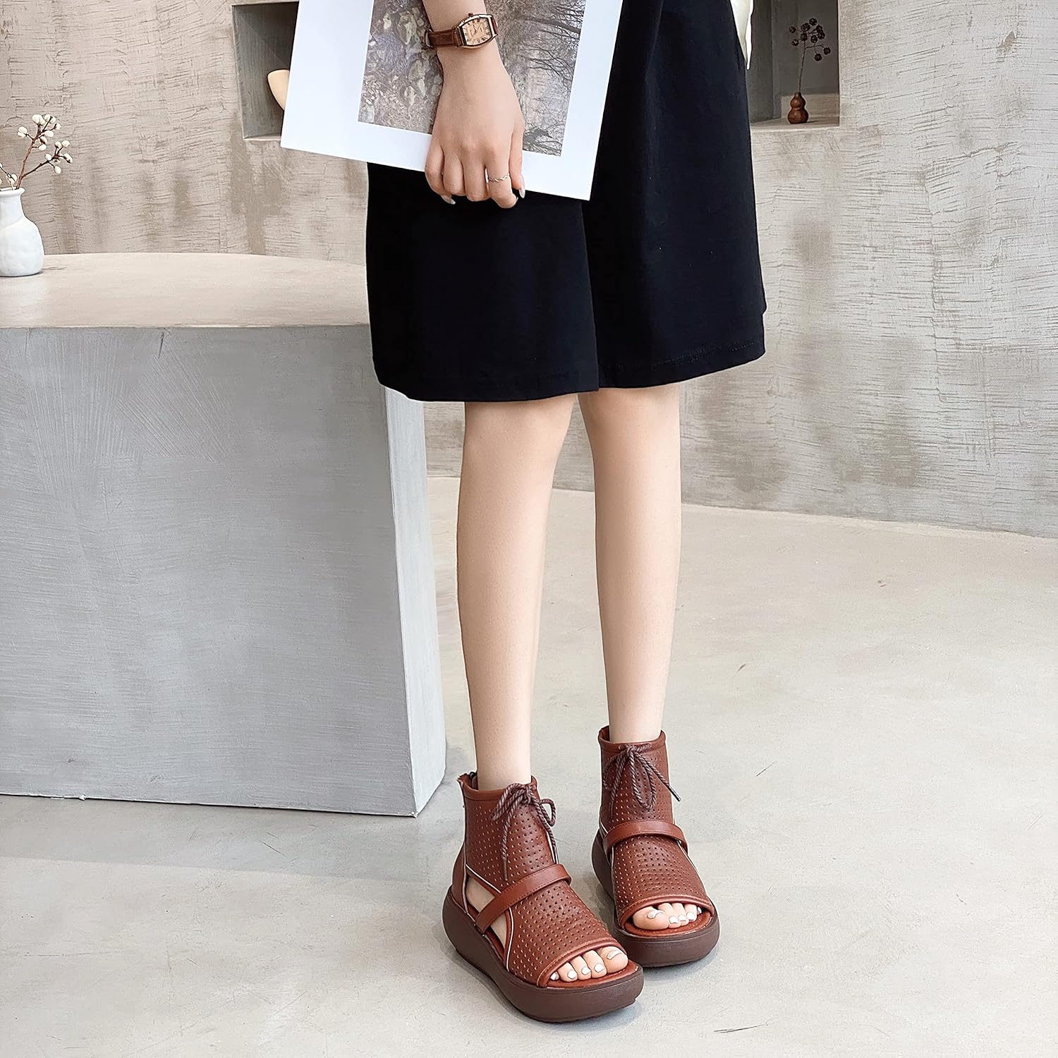 Women High Top Boot Sandals Open Toe Cutout Leather Sandals for Women - Image 6