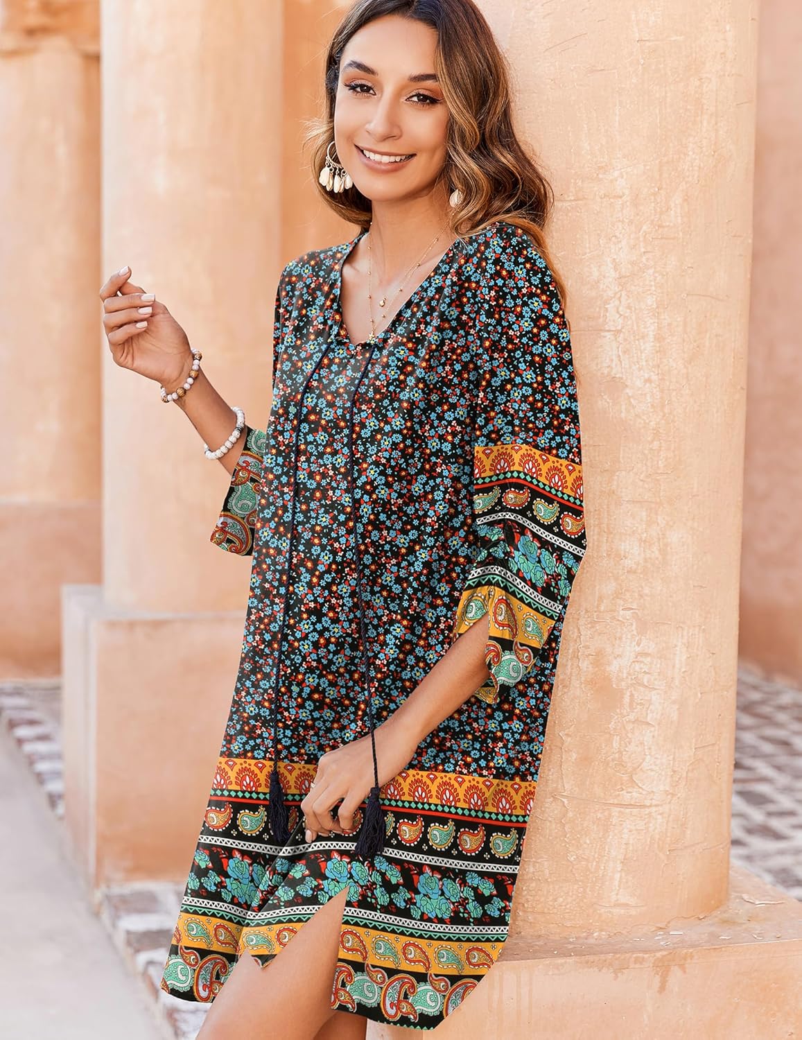 Zeagoo Womens Boho Dresses Casual Beach Summer Dress Tassel Tie Neck 3/4 Long Sleeve Mini Sundress 2026 Floral Print Cover Up - Image 4