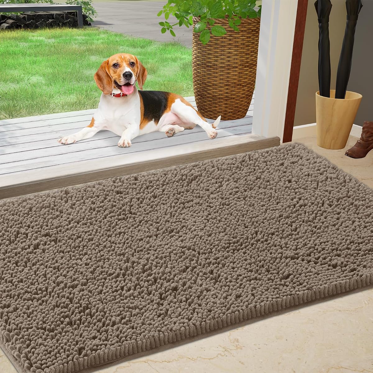 IM HOME Chenille Absorbent Outdoor Doormat 30" x 20", Washable Muddy Door Mats for Dog Non Slip Indoor Doormat Dog Mat for Muddy Paw Front Inside Doormats for Entryway Beige