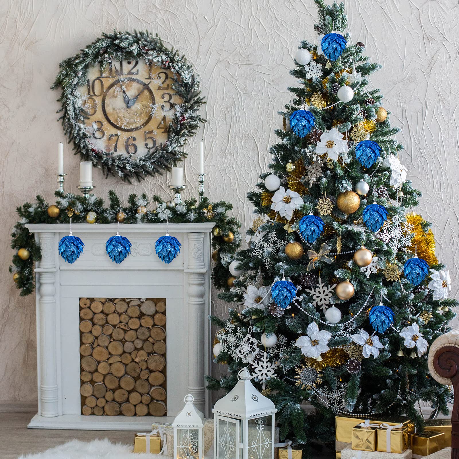 ●クリスマスツリー飾り ８個 人工花 造花 オーナメントフラワーデコレーション Amazon｜8ピース 造花 クリスマスツリーオーナメント グリッター