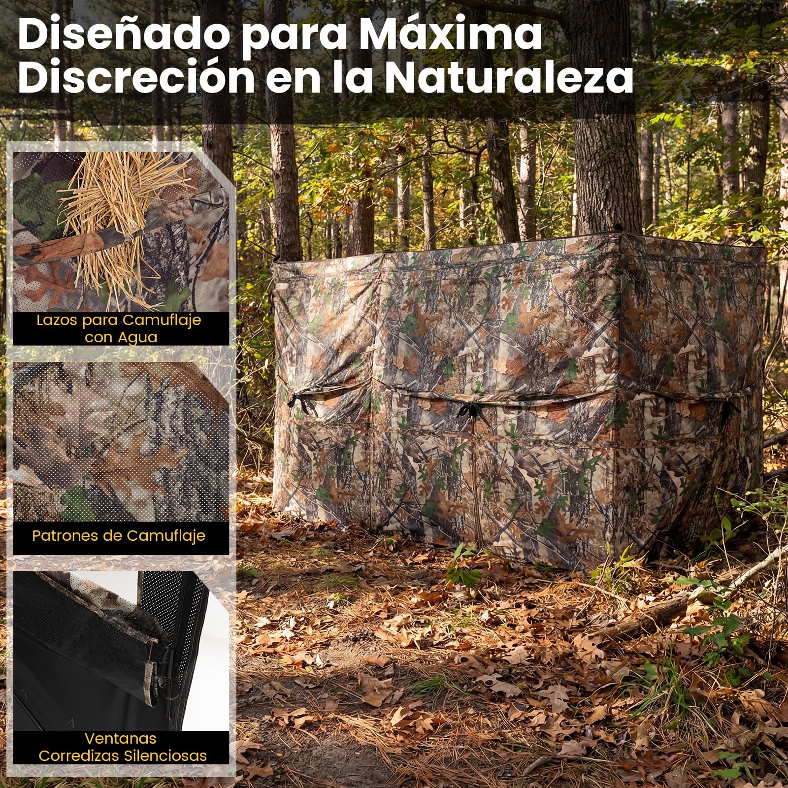 COSTWAY Persiana de Caza Portátil, Transparente de 360°, Puesto de Caza Plegable para 1-3 Personas, Tejido Oxford Resistente, Bolsa de Transporte, Camuflaje, 240 x 120 x 120 cm