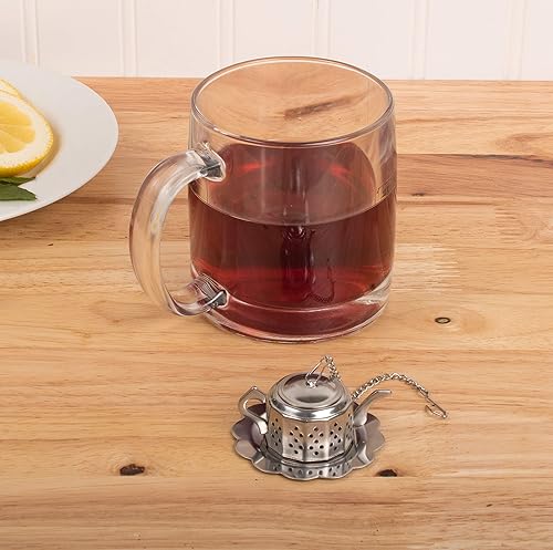 Miniatura 5 de Colador de té HIC amplio con bandeja para goteo incorporada, malla de acero inoxidable 188, 2 in, Tetera con caja, Metálico