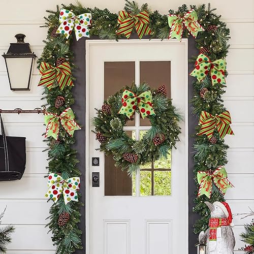 Miniatura 19 de DIYDEC 12 lazos de Navidad decorativos de 6.3 pulgadas, lazos grandes de corona de Navidad, lazos de árbol de Navidad rojo y verde, lazos