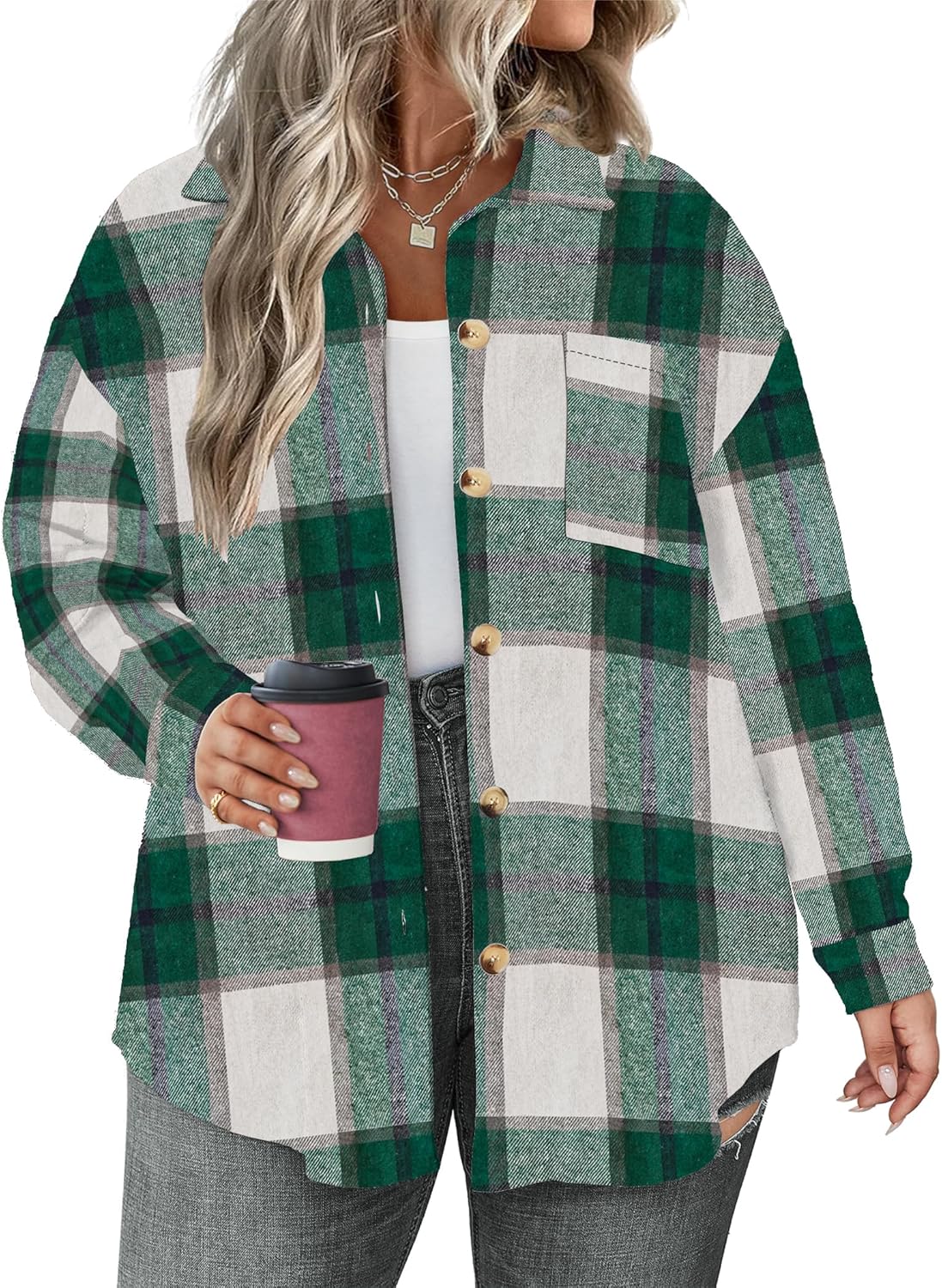 Plus Size Plaid Shacket Jacket for Women Long Sleeve Button Down Blouses Flannel Shirts Casual Coats XL-5XL