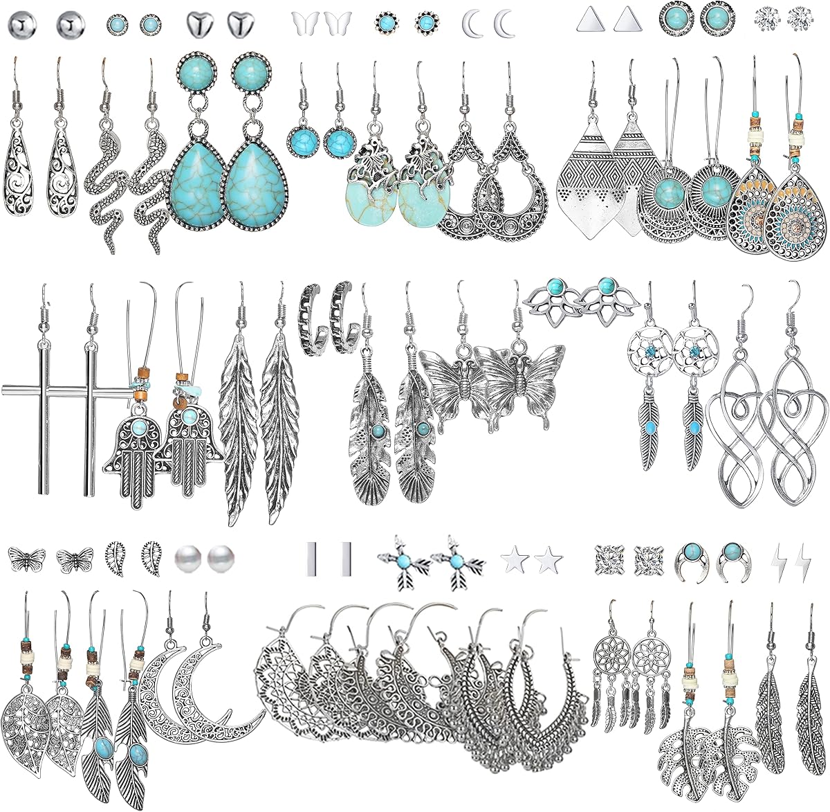 45 Pairs Big Vintage Silver Turquoise Drop Dangle Earrings Set for Women | Boho Bronze, Waterdrop Dangling Earrings, Hollow Leaf, Stud Earrings Set, Ideal Gift