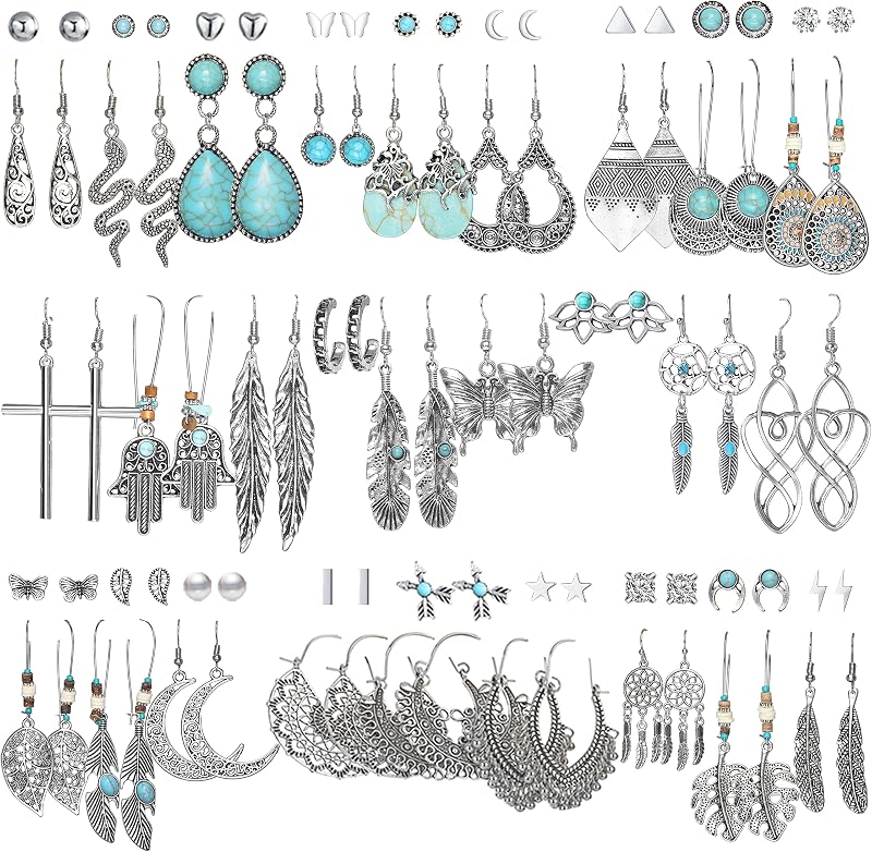 45 Pairs Big Vintage Silver Turquoise Drop Dangle Earrings Set for Women | Boho Bronze, Waterdrop Dangling Earrings, Hollow Leaf, Stud Earrings Set, Ideal Gift