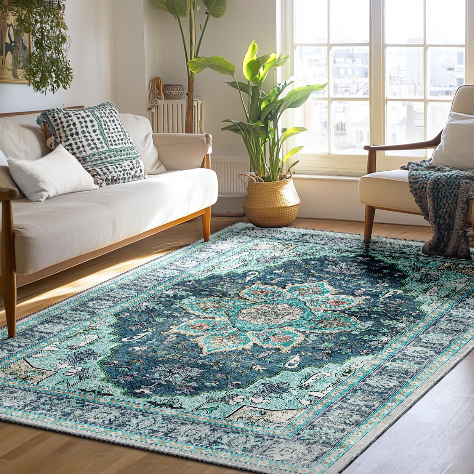 BESTSWEETIE 6x9 feet Area Rug Washable Rugs for Living Room, No Pile Boho Carpet for Entryway Bedroom Dinning Room, Vintage Carpet Print Distressed Non-Slip, 6 x 9 ft, Teal Dark Green