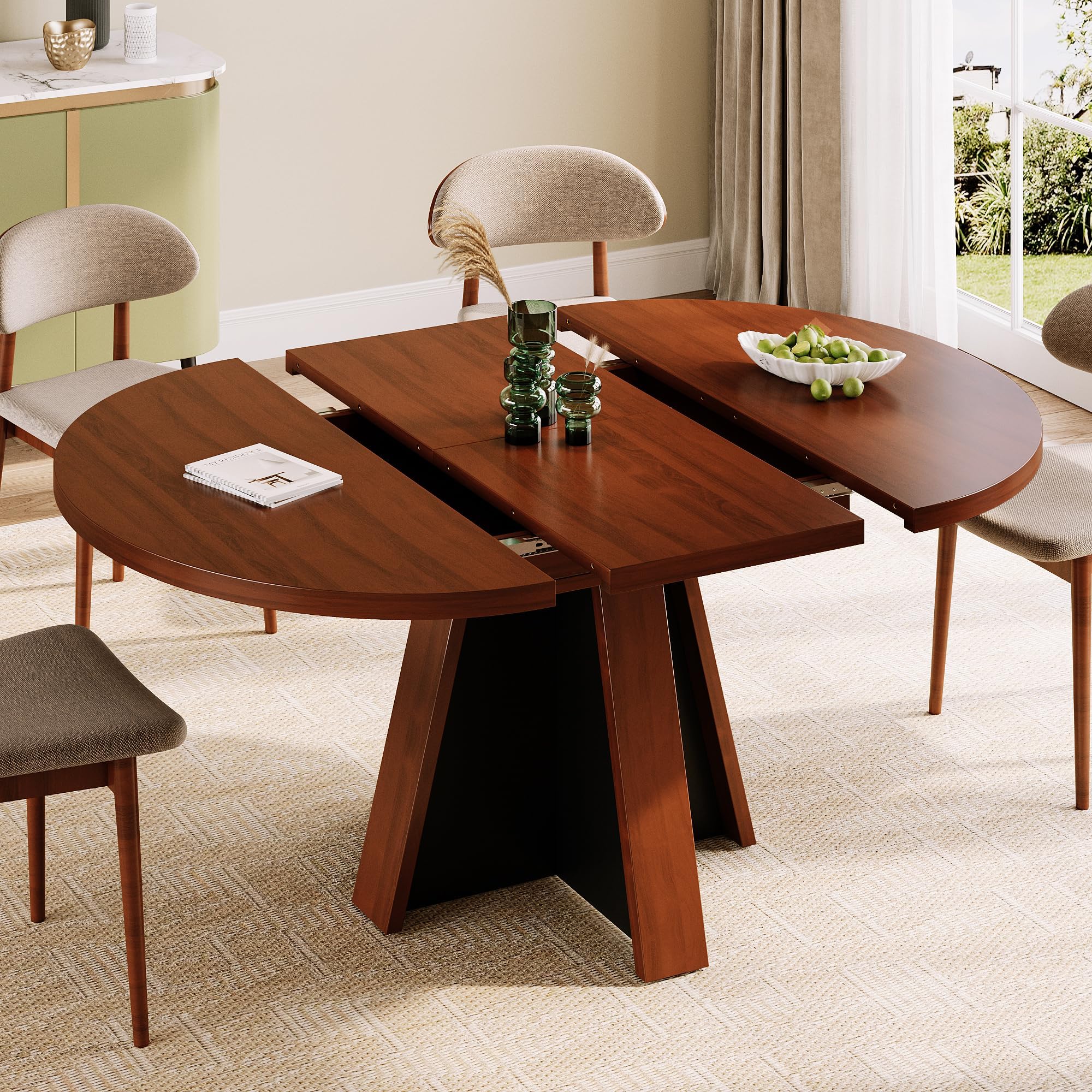 iPormis 43.3in-59in Extendable Round Dining Table for 4-6, Modern Wooden Kitchen Table for Dining Room, Adjustable Size Oval Circle Dinner Tables Furniture for Kitchen Living Room, Walnut Brown