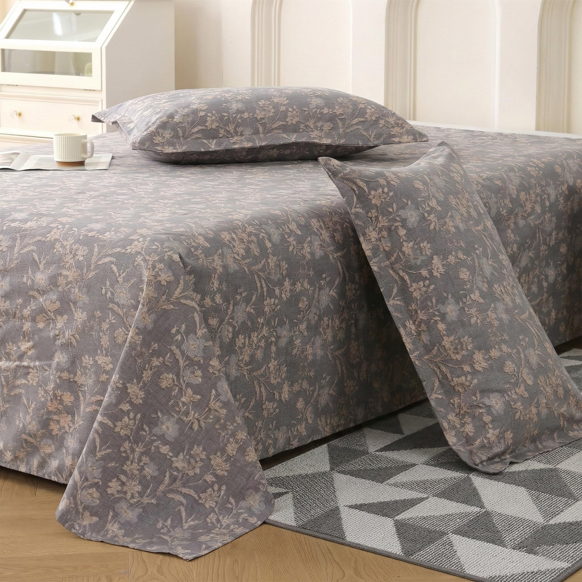 Story@Home King Size Double Bed Sheet 250x270 cm | 300 TC Mist Cotton Bedsheet with 2 Pillow Covers | Soft, Durable & Fade Resistant | Grey & Beige Floral Grunge Bedding-image-32