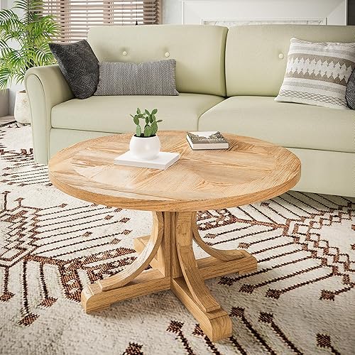 MODERION Round Coffee Table with Flower Shaped Top,Rustic Farmhouse Circle Center Table with Carved Legs, 33.5” Solid Wood Living Room Table, Mid-Century Cocktail Table,Easy Assembly Natural KFZ3215