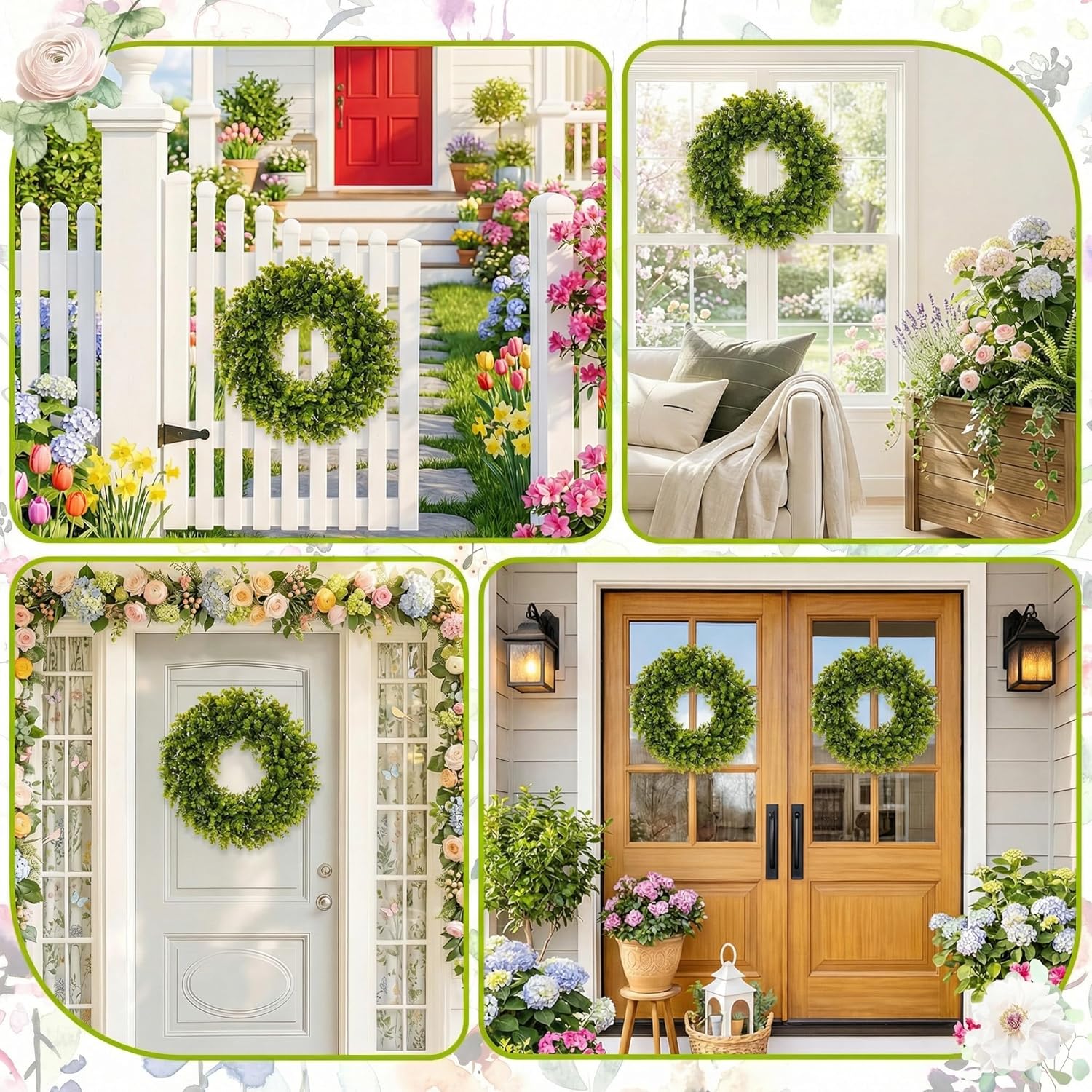 Boxwood Wreaths for Front Door Decor, 20" Artificial Green Wreath Decorations for Spring Summer Home Door Window Outside Wall Indoor Outdoor Porch and Birthday Wedding Party All Seasons