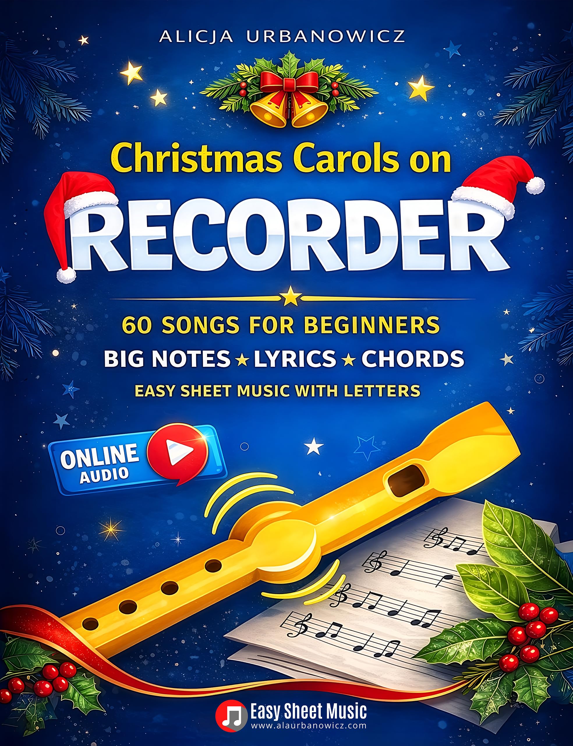 Partitions flûte à bec avec notes lettrées et audio de Noël
