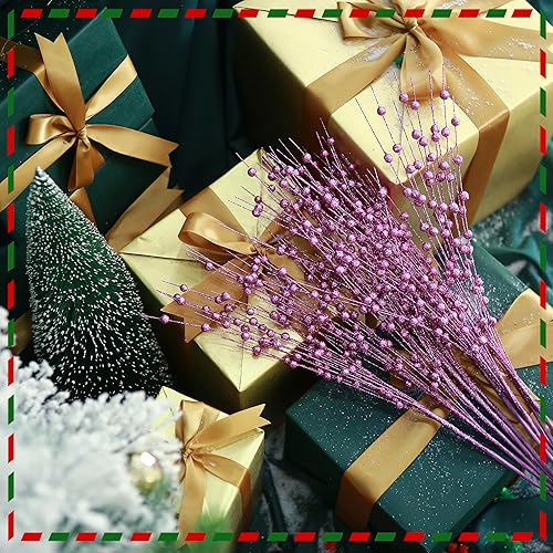 Miniatura 5 de Felice Arts Paquete de 6 tallos de bayas artificiales moradas con purpurina de 15.7 pulgadas, palillos de Navidad falsos decorativos con purpurina