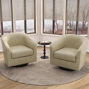 Faux Leather Swivel Barrel Chair, Modern Round Swivel Accent Chair for Living Room, Comfy Club Chair Upholstered Armchair for Bedroom, Small Space-PU Cream
