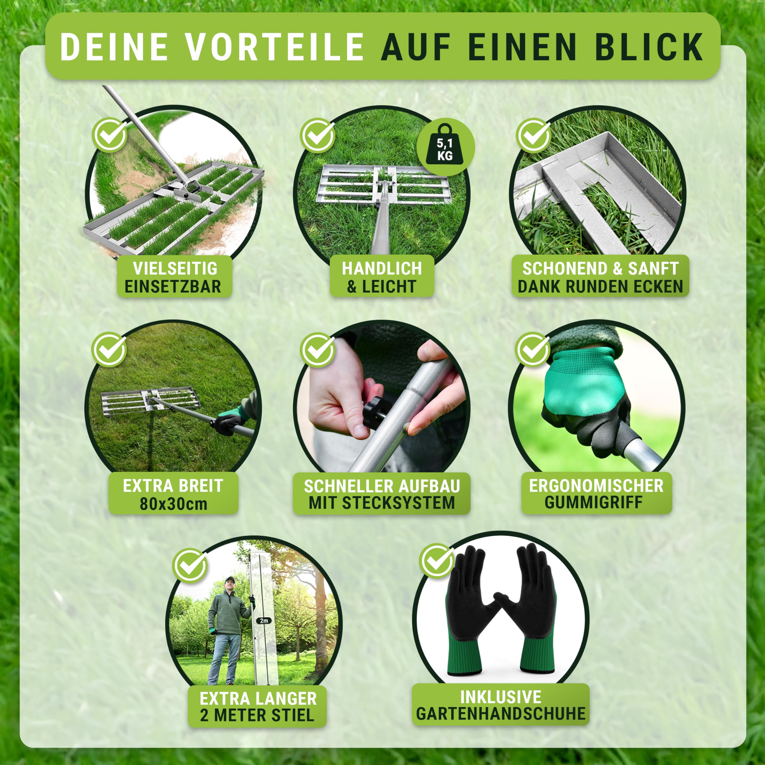 WENDOWERK® Rasen Rakel 80x30cm 2 Meter Stiel mit Gartenhandschuhe