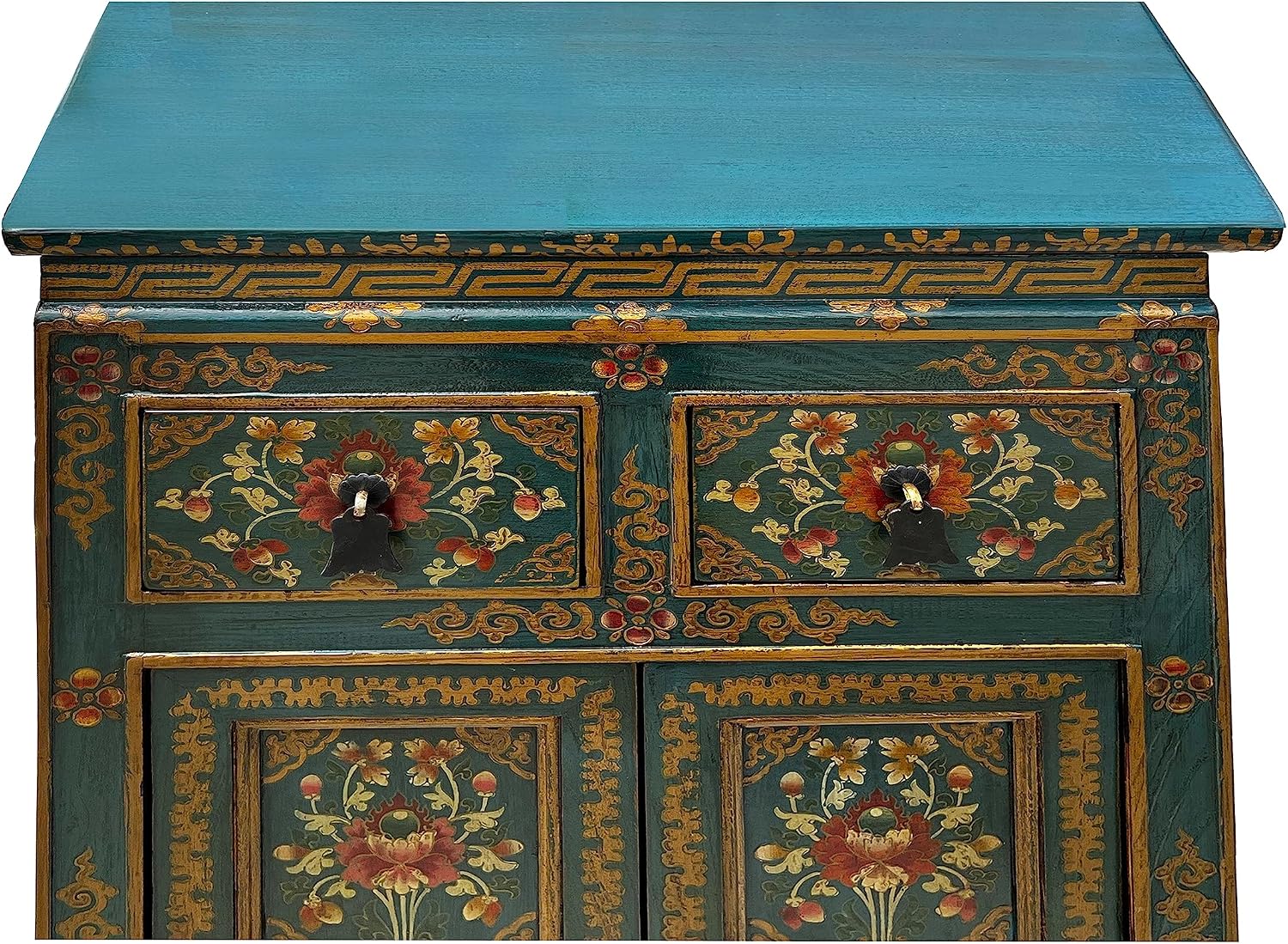 Distressed Teal Blue Green Tibetan Floral End Table Nightstand Cabinet Acs7621