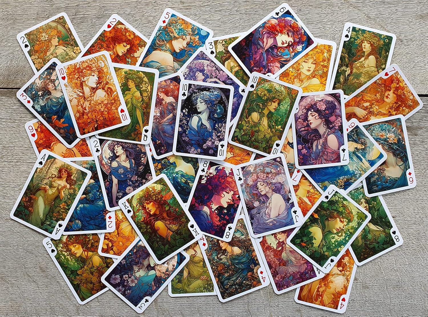 Lady Fairy Playing Cards (Poker Deck 54 Cards All Different) Flower Forest Water Mountain Fairy Vintage Art Nouiveau Painting Alphonse Mucha