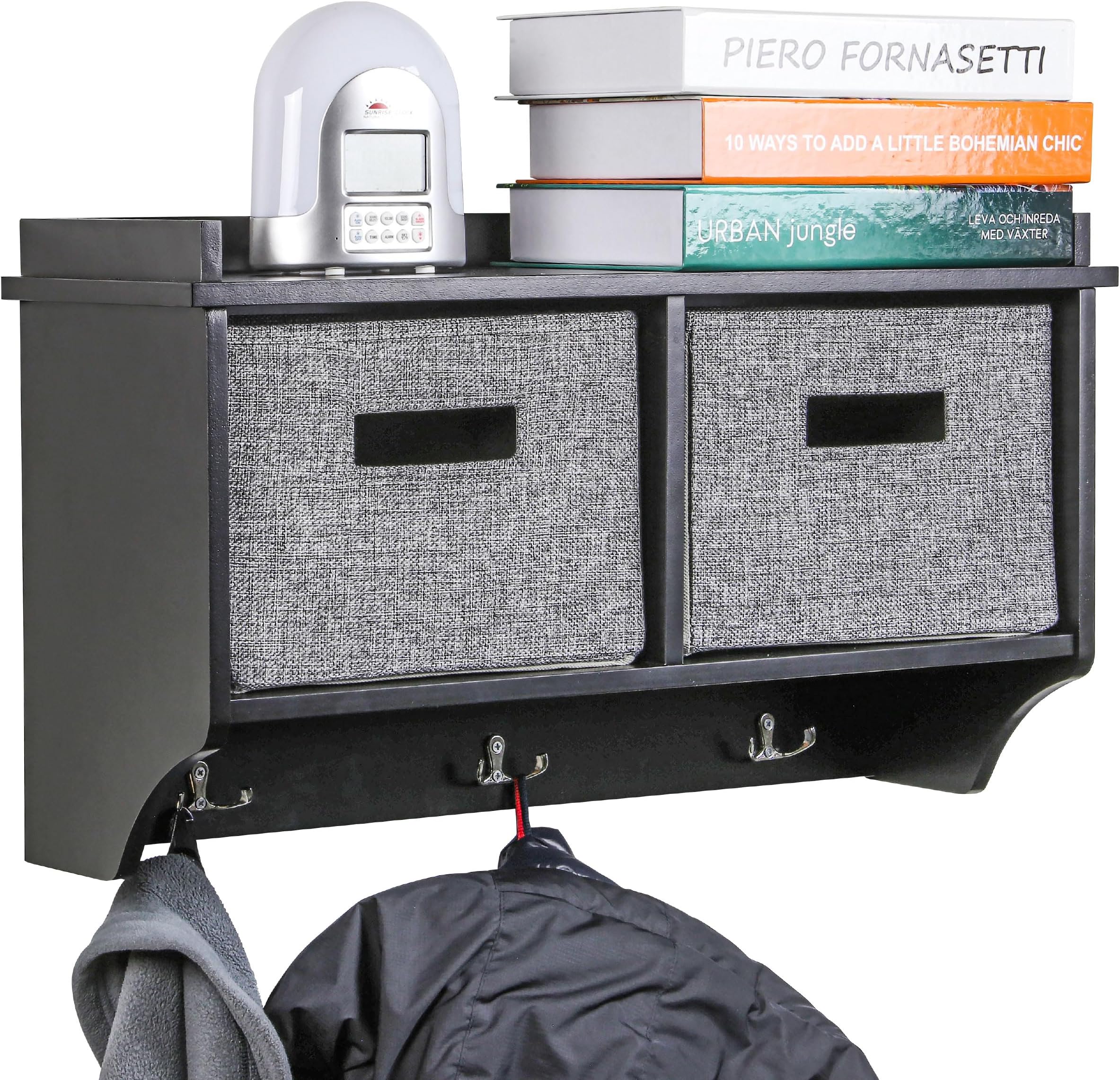 Taylor & Brown Black Wooden Wall Mounted 3 Hook Coat Rack Display Storage Unit Shelf Modern Hallway Organiser Hooks Stand Hat with 2 Fabric Baskets - W60 x D20 x H34cm