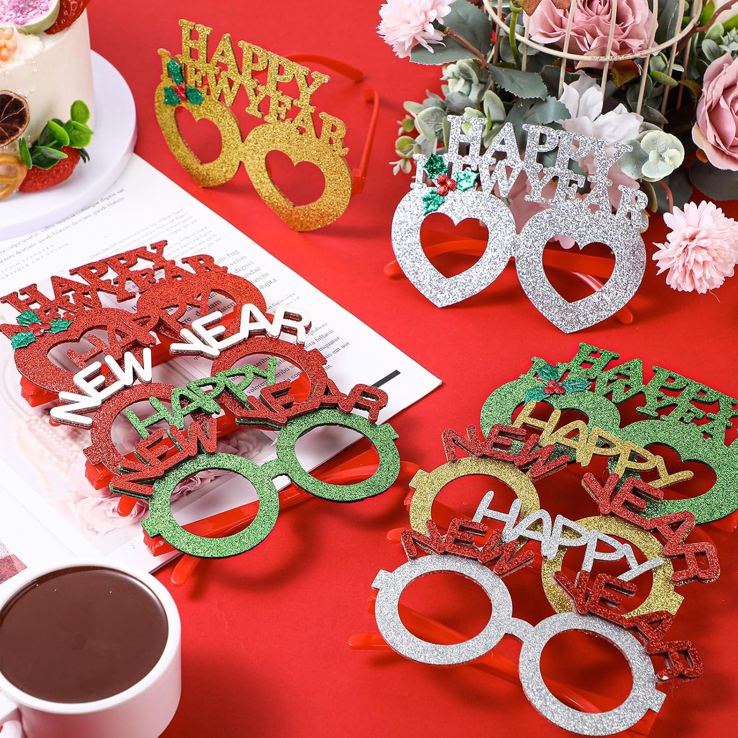 Shappy 48 Pcs Happy New Year Eve Glasses 2026 Plastic Glitter Happy Year Eyeglasses New Years Party Supplies Fancy Funny Sunglasses for Festival Party Favors Photo Props