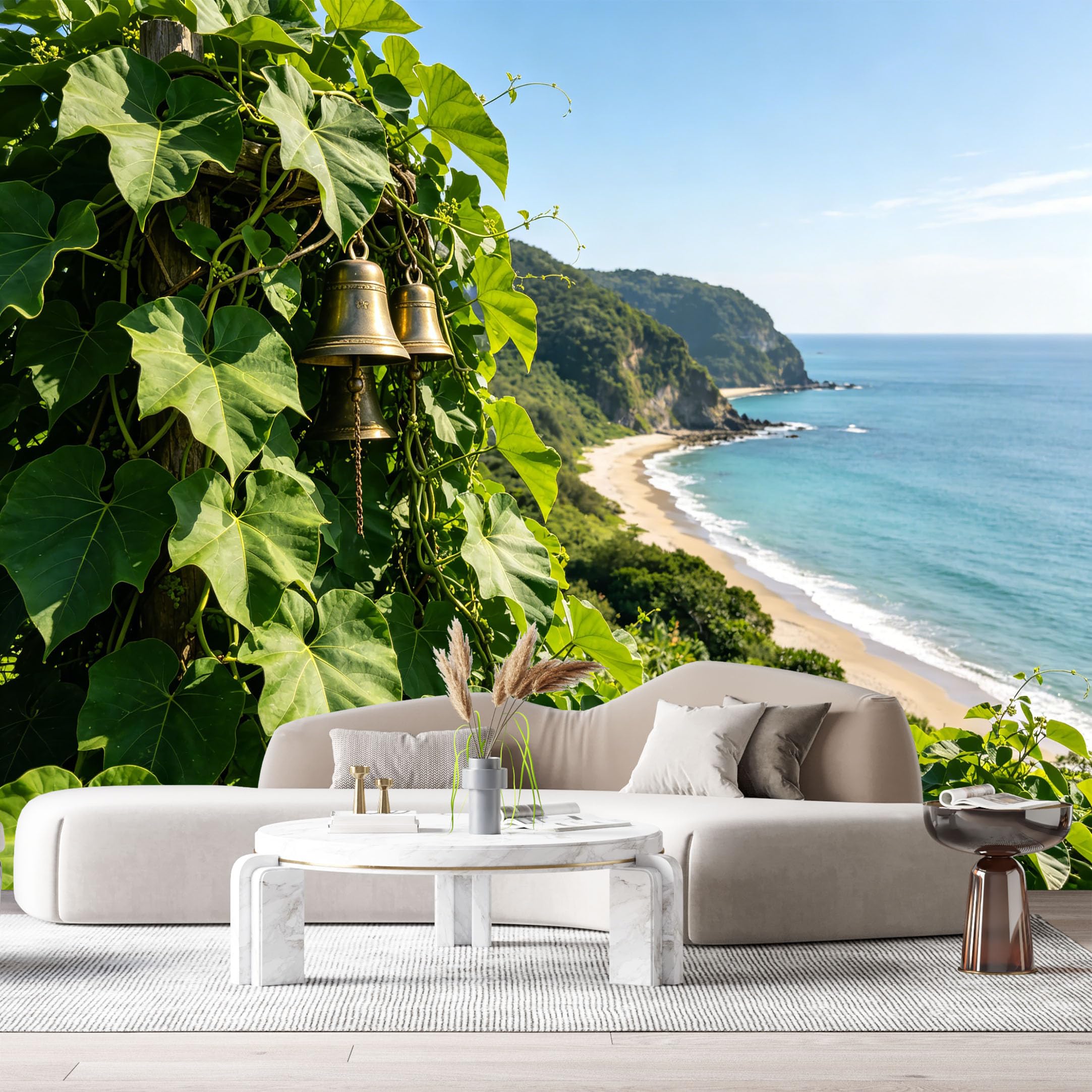 Custom Size Wall Murals Tropical Coastal Landscape Bronze Bells Foliage Ocean View SelfAdhesive Wall Fabric Removable Large Wallpaper for Photo Living Room