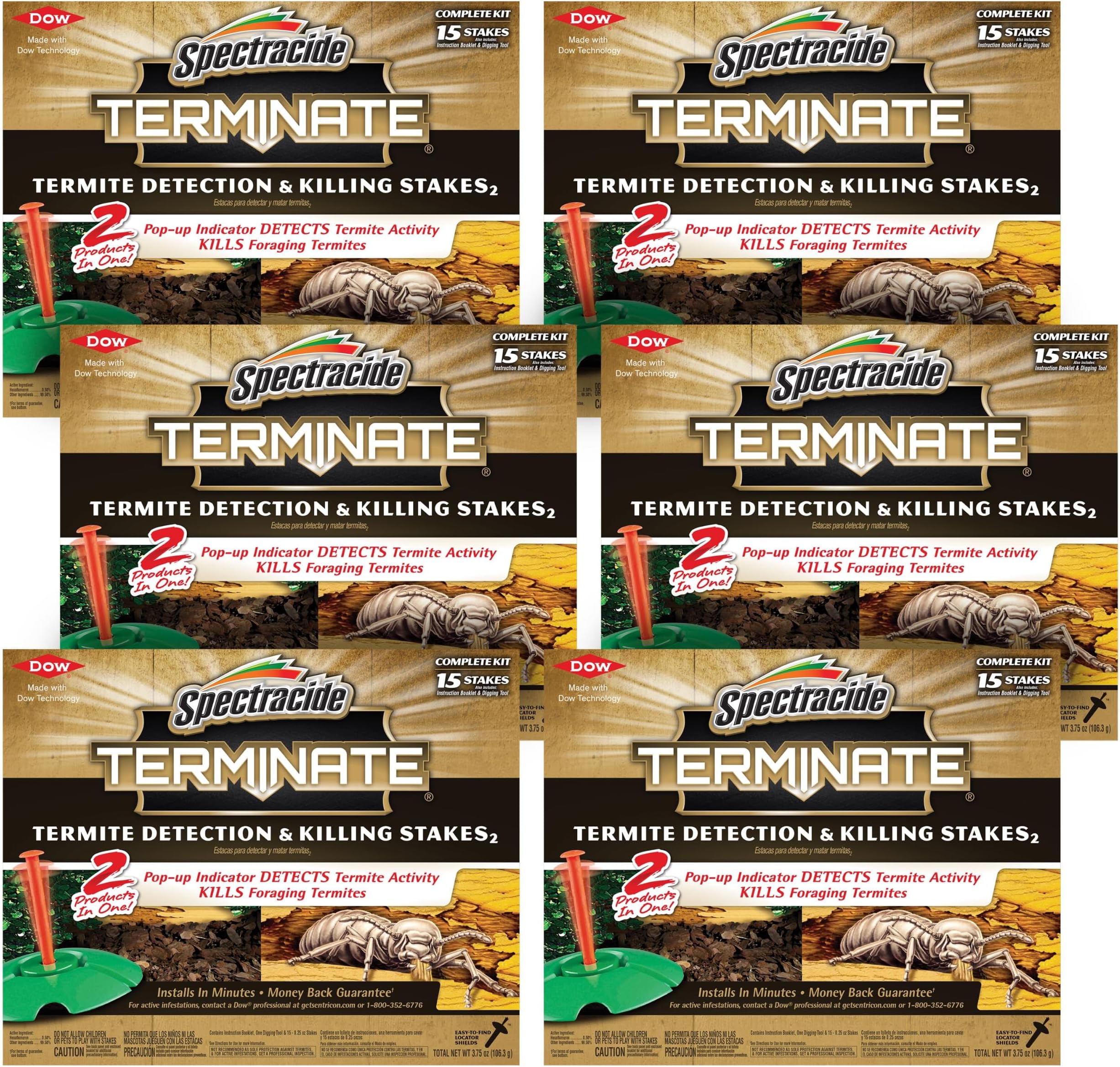 Spectracide Terminate Termite Detection & Killing Stakes, Kills Foraging Termites, Detects Termite Activity, 15 Count, 6 Pack