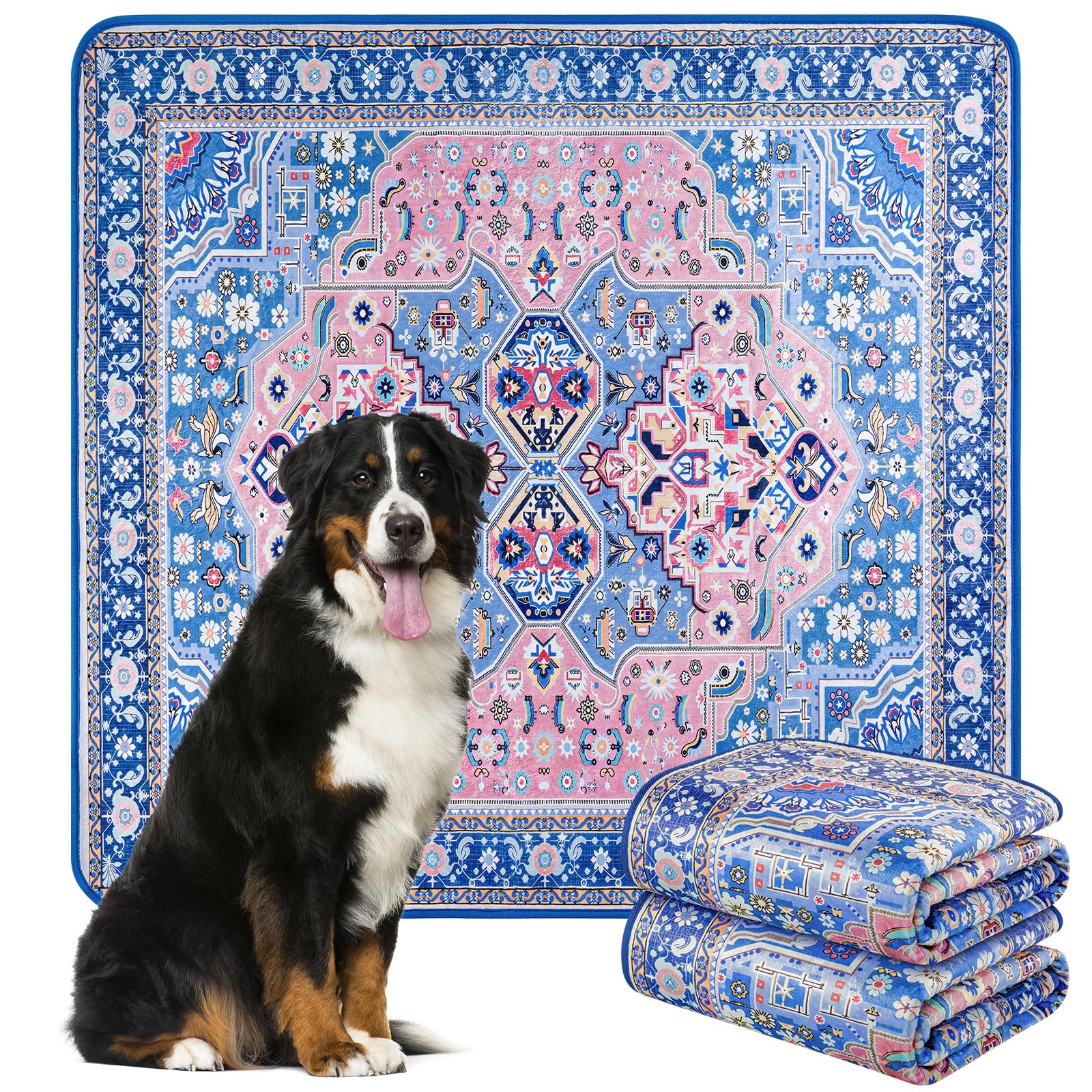 Baodan Washable Pee Pads for Dogs, 2 Pack 137×137 cm Super Absorbent Reusable Puppy Pads with Blue Patterns for Potty Training, Floor, Couch, Bed, and Crate