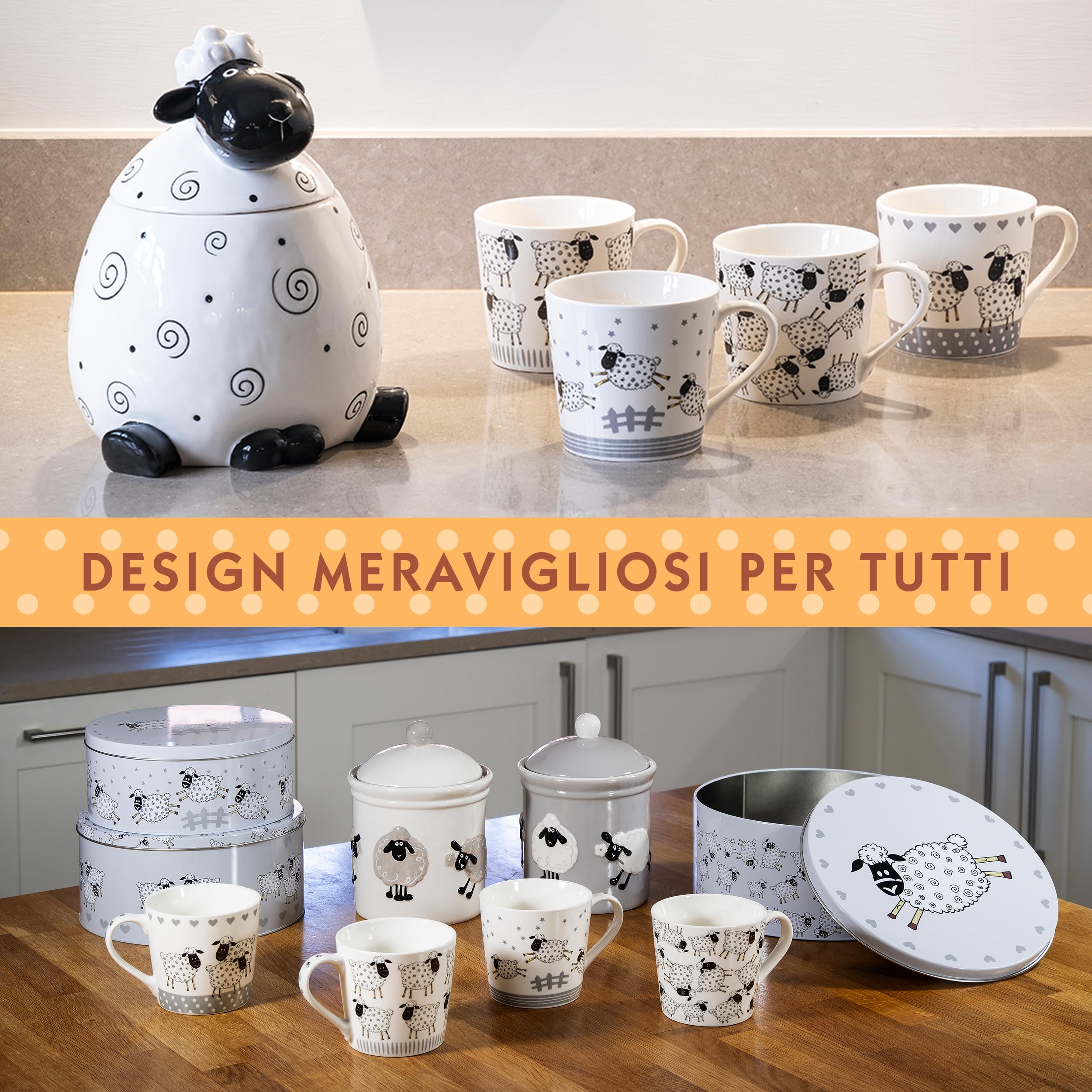 SPOTTED DOG GIFT COMPANY Set di 3 Scatole di Latta, Contenitori Impilabili per Biscotti in Metallo, Barattoli di Latta Rotondi Ermetici per Conservare Torte e Alimenti, Piccoli Medi Grandi - Pecore
