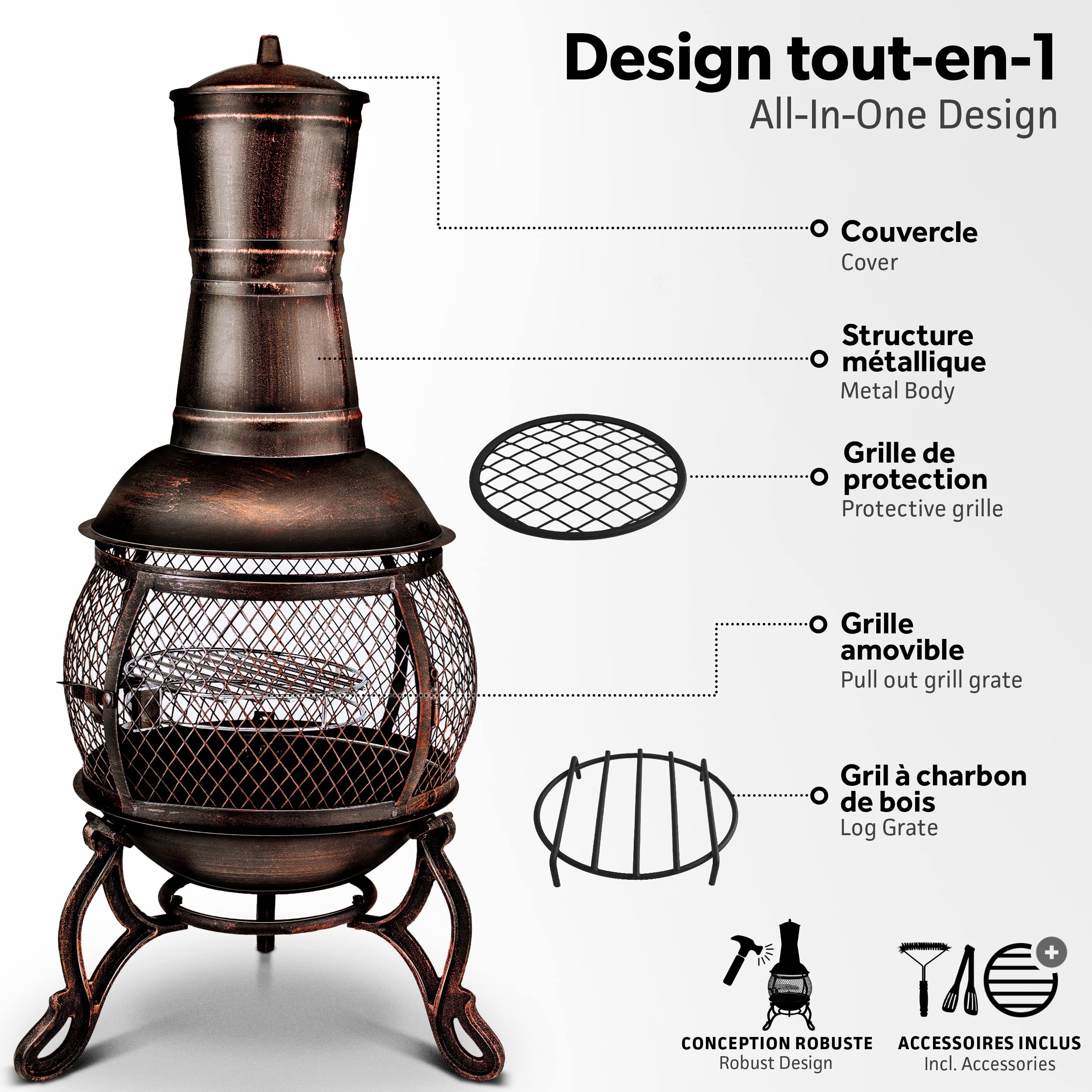 tillvex Cheminée de terrasse extérieure avec Grill | Brasero Mexicain avec Pare-étincelles | Chauffage de Jardin avec Housse | Poêle à Bois | Tisonnier + Grille, BBQ + Accessoires XXL (Bronze, 90)