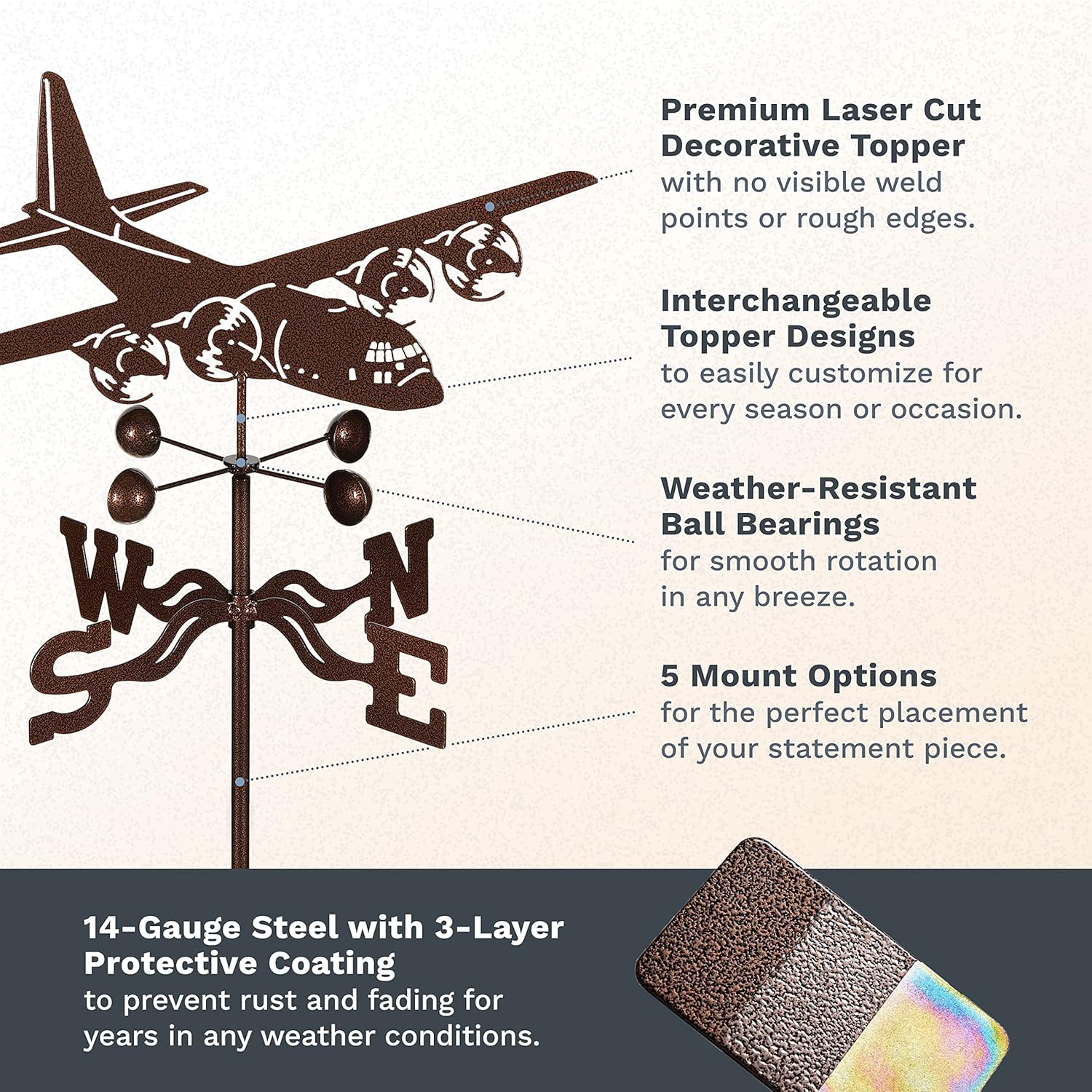 Vane Steel C130 Airplane Weathervane 21” Height, Includes Metal Deck Mount, Wind Cups & Brackets | Hand-Crafted and Family-Owned, Made in The USA with Triple Powder Coating, L