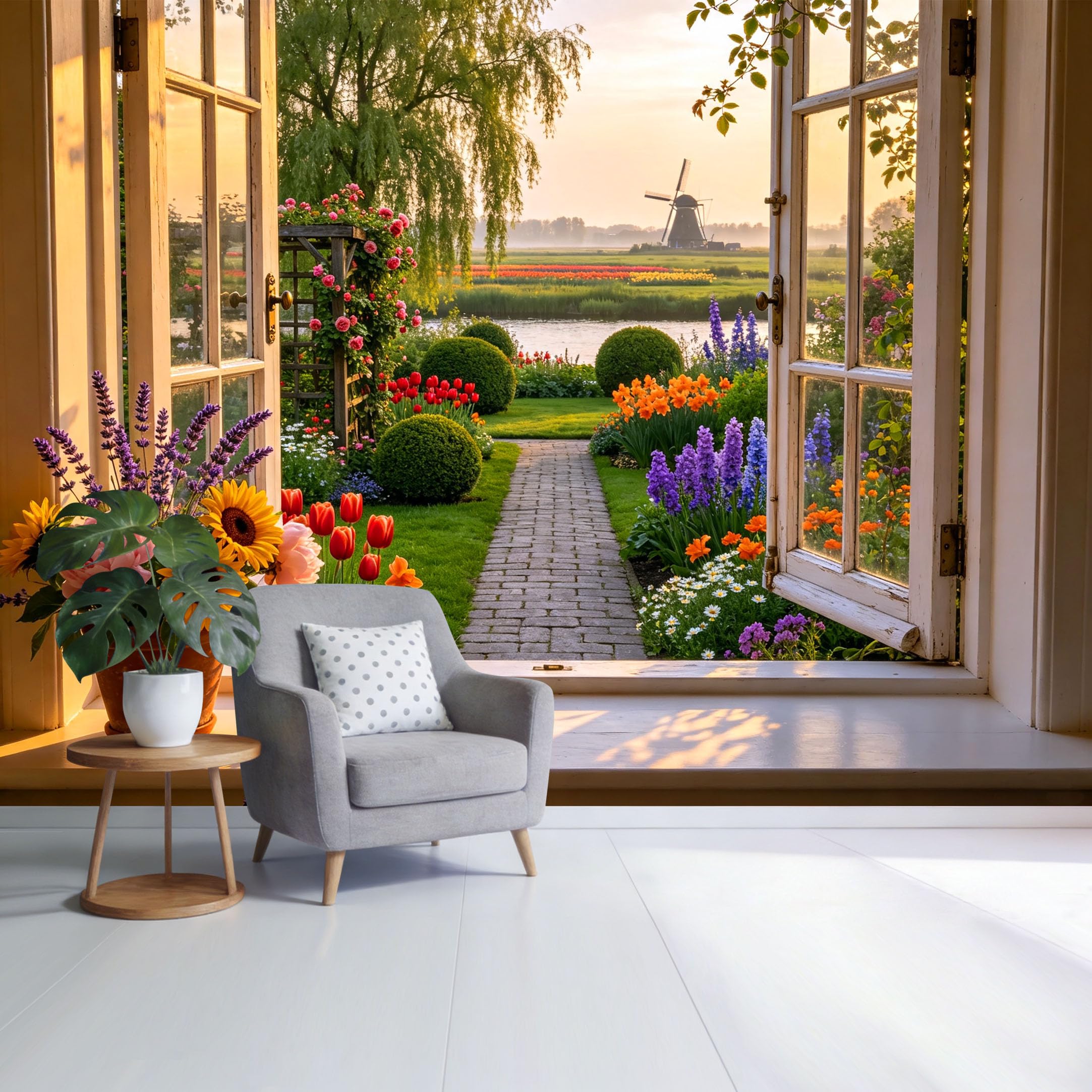 Custom Size Wall Mural Dutch Windmill Tulip Garden Landscape Removable Self Adhesive Fabric， Home Wall Decor for Living Room Bedroom Bathroom 3D Trompe L'Oeil View