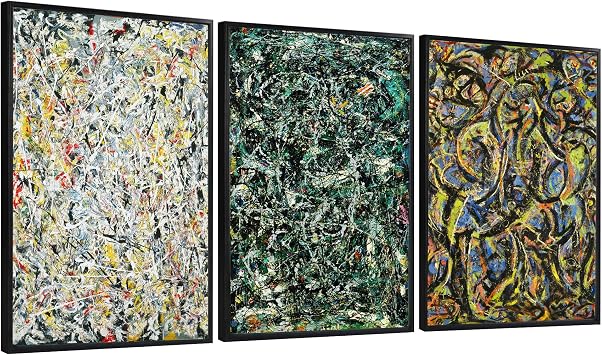 INVIN ART Framed Canvas Giclee Print Art 3-piece Combo Painting Series#2 by Jackson Pollock Wall Art Modern Abstract Artwork Set of 3 for Living Room Home OfficeBlack Slim Frame,24"x32"Each Piece