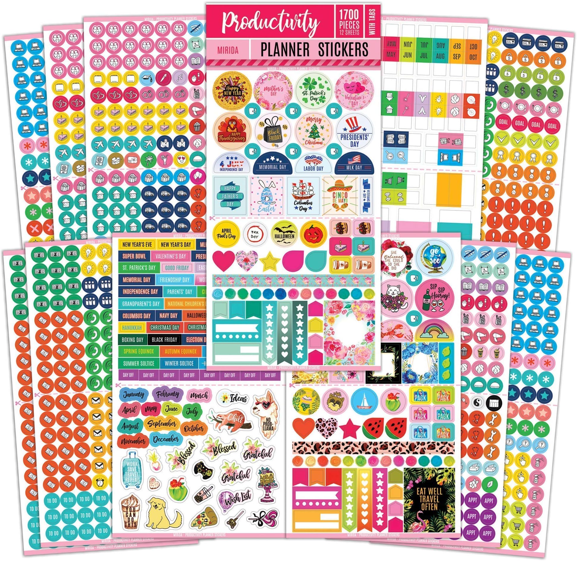 Mirida Planner Stickers � 1700 Productivity Mini Icons for Adults Calendar � Work, Daily to Do, Budget, Family, Holidays, Journaling � Variety Pack with Monthly Tabs