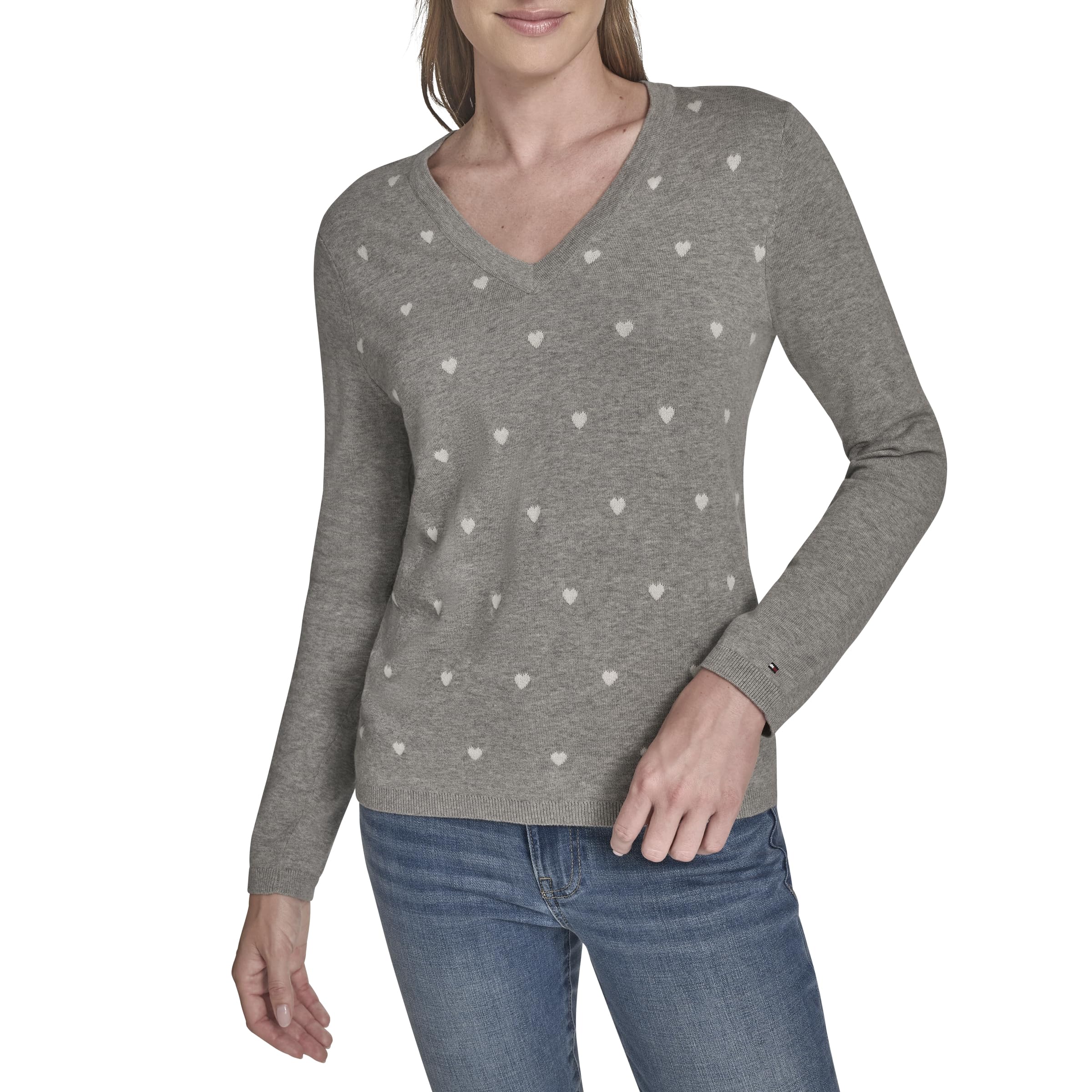 Tommy Hilfiger Women's V-Neck Long Sleeve Cotton Heart Print Sweater Large Medium Heather Grey Multi