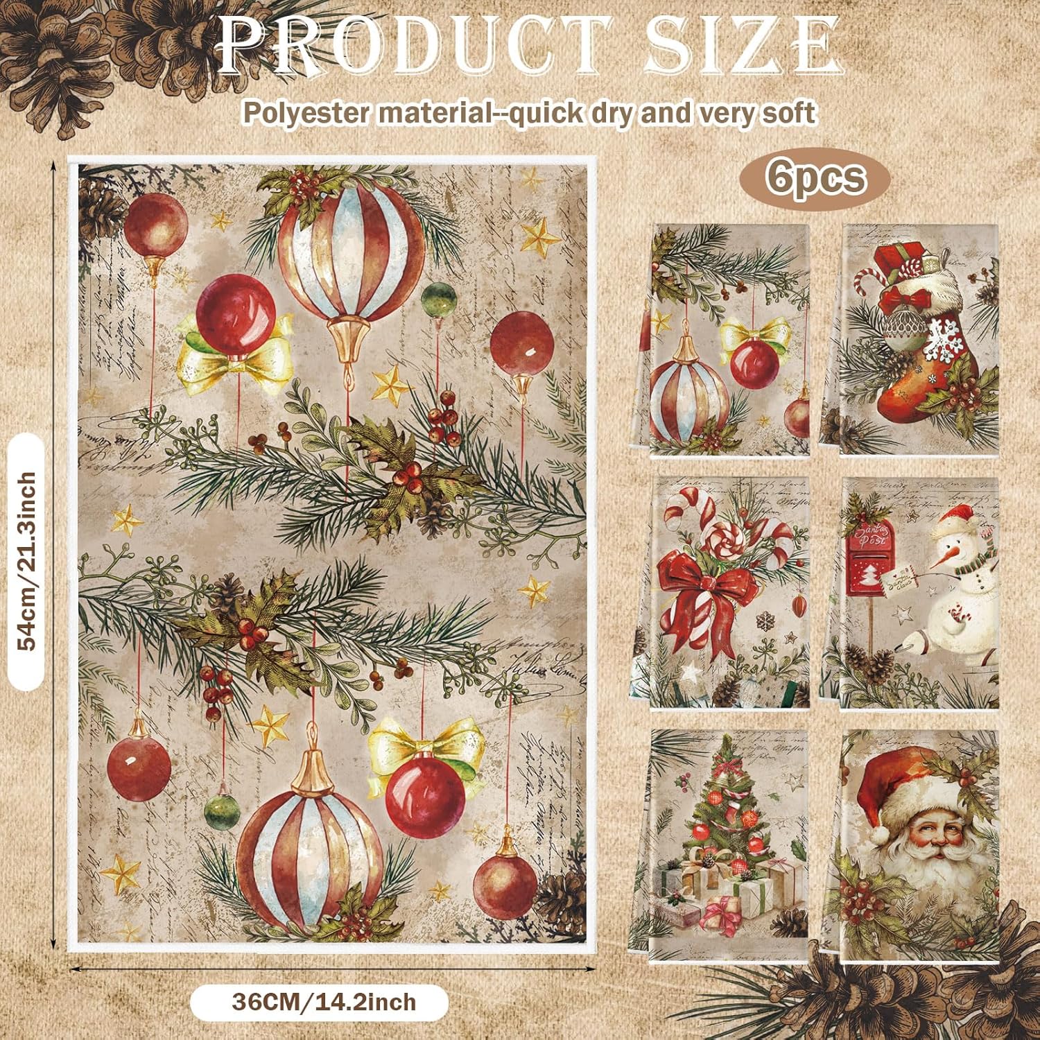 Hosuly 6 Pcs Christmas Kitchen Towels Vintage Santa Dish Cloth Christmas Farmhouse Tea Towels Santa Snowman Sock Ball Xmas Tree Hand Dishcloth Rustic Housewarming Gifts for Kitchen Holiday Cooking - Image 2