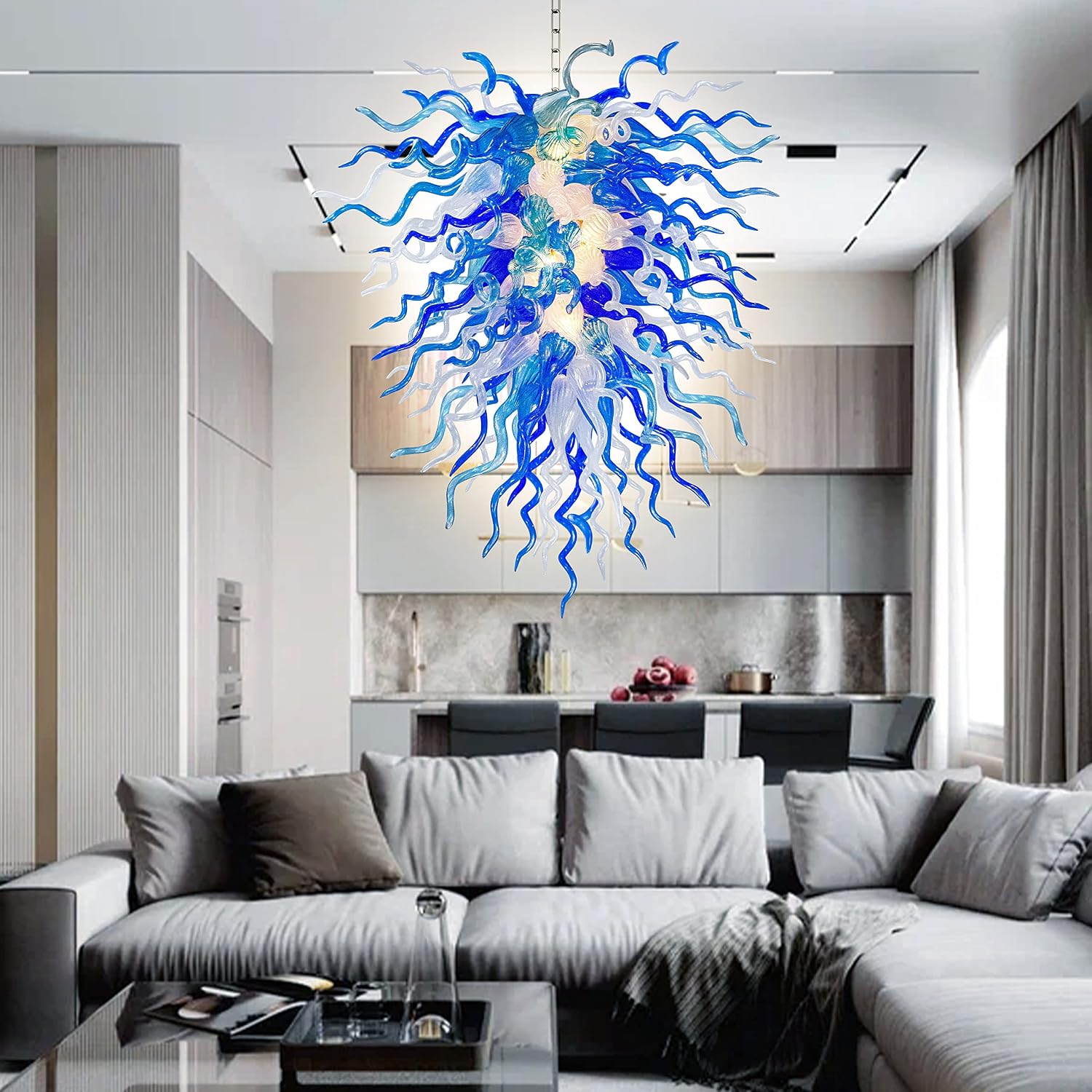 BLOWN Hand Glass Chandelier Luxury Blue White Art Deco Glass Chandeliers Light Fixture High Ceiling Pendant Chandeliers for Living Room, Dining Room, Foyer, Staircase, Hallway 28" Dia x 20" H