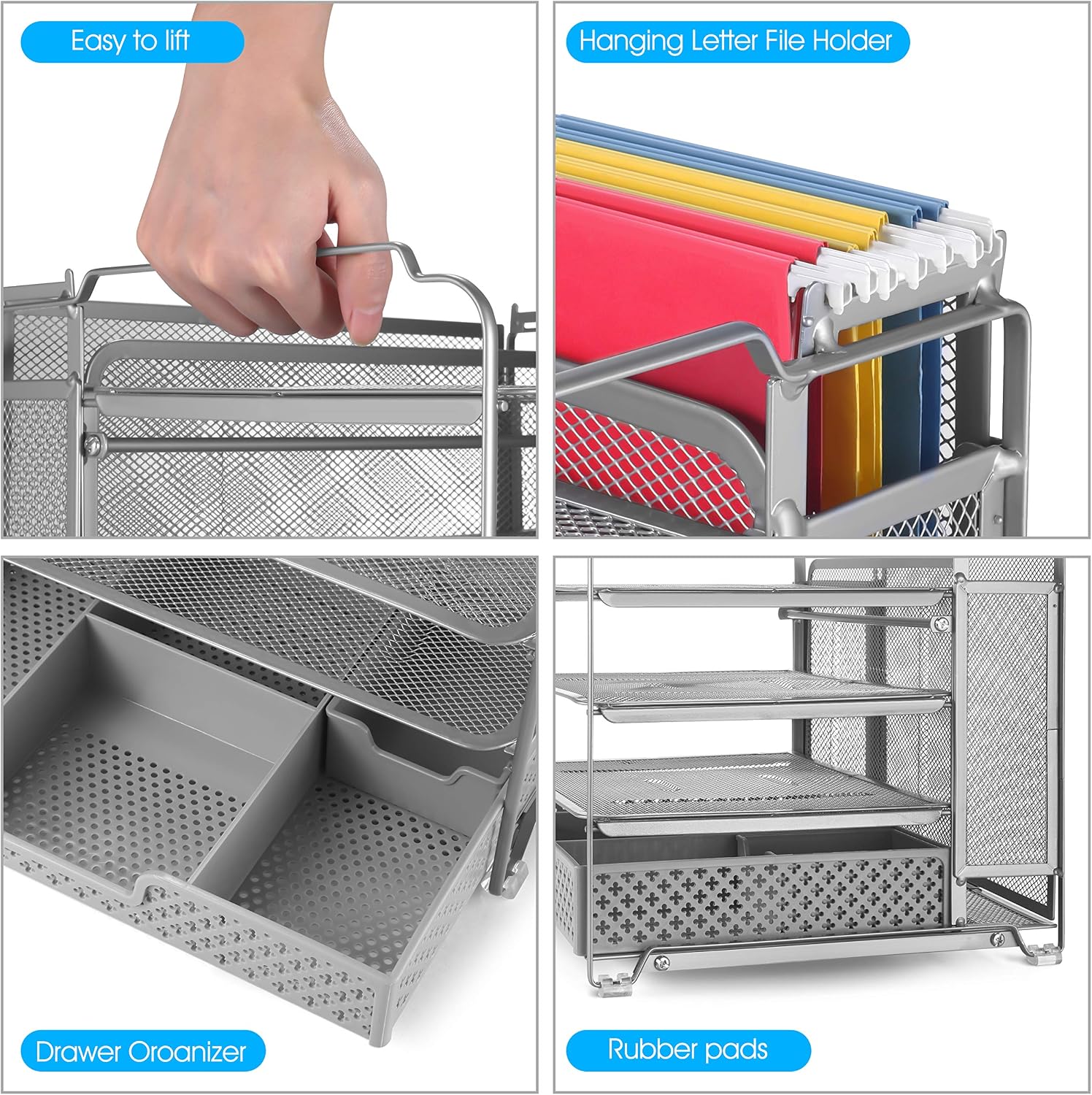 Simple Trending 4-Trays Mesh Office Supplies Desk Organizer, Desktop Hanging File Holder with Plastic Drawer Organizer and Vertical Upright Section for Office Home, Silver