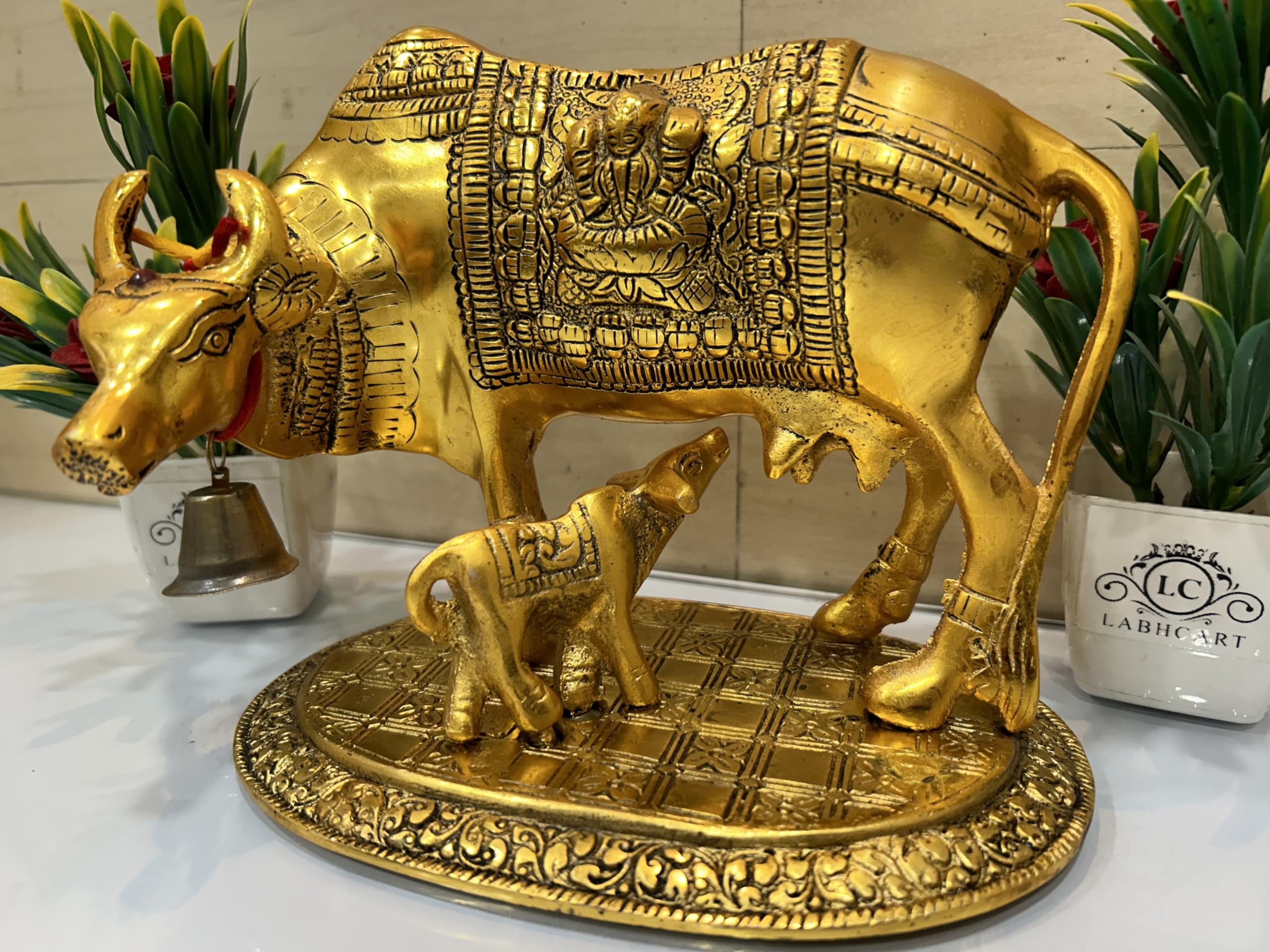 LABHCART Metal Kamdhenu Cow & Calf with Bal Gopal Krishna Statue for Good Luck ‎16L x 13W x 21H Centimeters