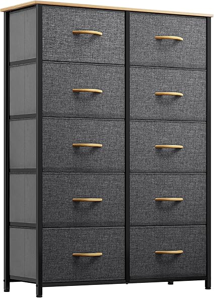 GOOBED 10 Drawers Dresser, Fabric Dresser, Tall Chest Organizer Unit for Living Room, Hallway, Closets, Sturdy Steel Frame, Wooden Top